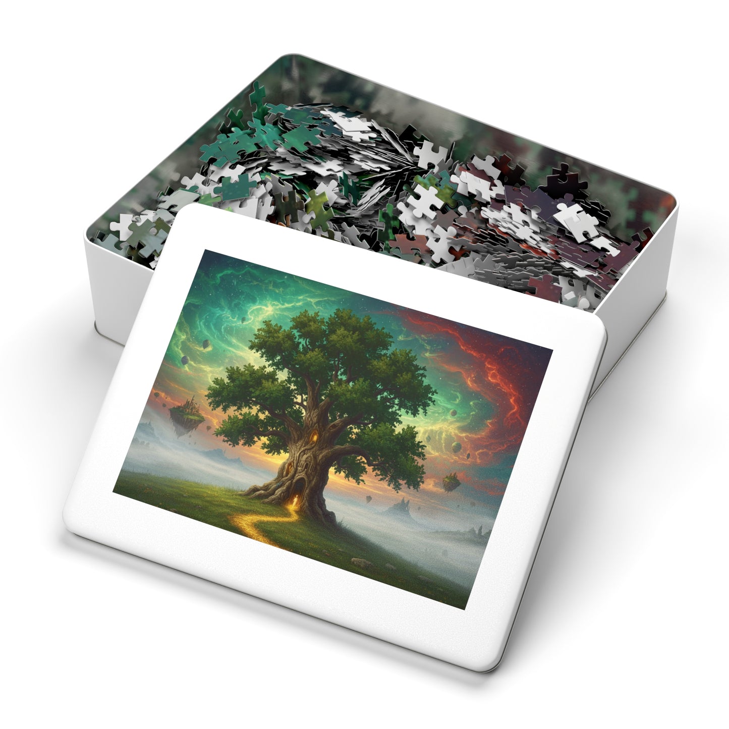 110, 252, 500, 1000, 2000 Magical Tree Jigsaw Puzzle, Mystical Tree with Glowing Doorway, Cosmic Sky and Enchanted Forest Scene, Mystical Gateway Puzzle