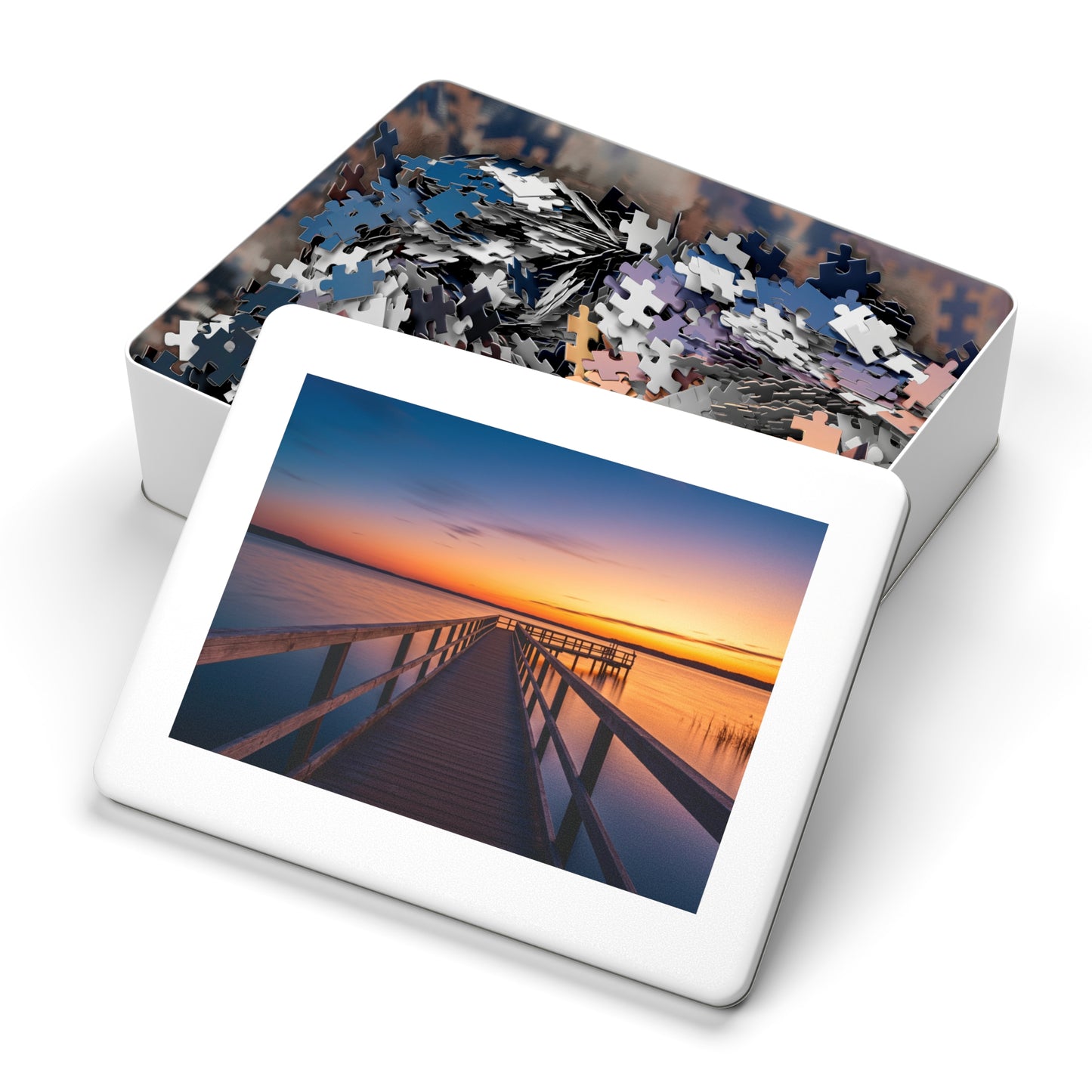 Sunset Jigsaw Puzzle with Tin, Boardwalk Sunset Puzzle – Soothing Waterscape Jigsaw for Relaxation, Peaceful Sunset Landscape Puzzle