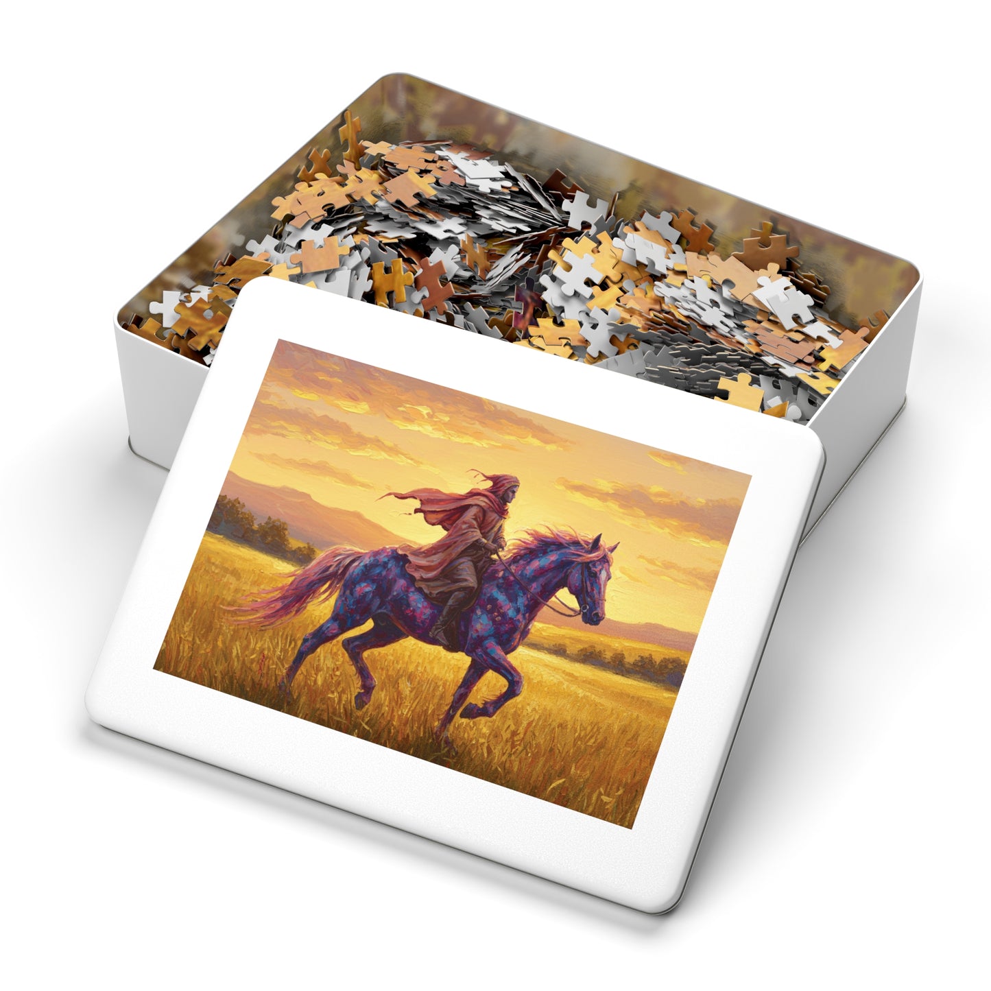 110, 252, 500, 1000, 2000 Jigsaw Puzzle, Mystical Rider Jigsaw Puzzle, Cloaked Rider on Colorful Horse, Epic Sunset Adventure, Premium Puzzle Gift, Hero on Horse, Golden Field, Fantasy Theme, Vibrant Fantasy Sunset Art