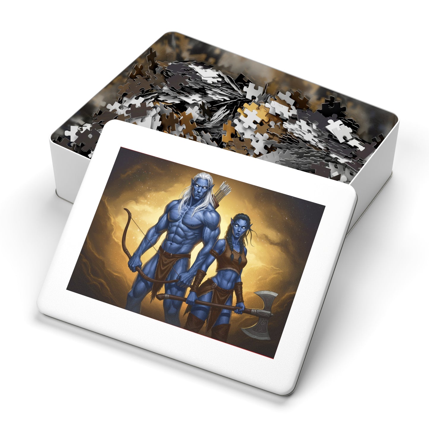 110, 252, 500, 1000, 2000 Blue-Skinned Heroes with Weapons Jigsaw Puzzle, Mythical Battle Duo Puzzle, Legendary Warriors Jigsaw, Heroic Fantasy Fighters Jigsaw