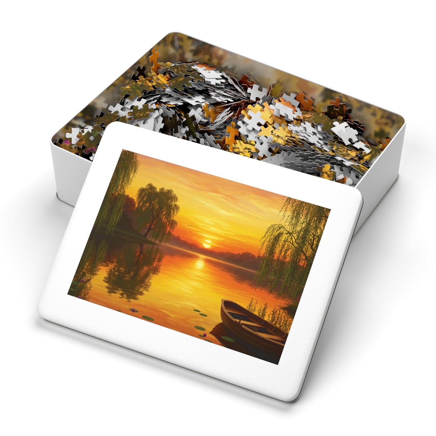 110, 252, 500, 1000, 2000 Golden Sunset Rowboat Puzzle, Sunset Over Still Waters, Boat at Dusk Puzzle, Tranquil Willow Tree Sunset, Golden Hour Reflection Puzzle, Sunset Reflection on Lake Puzzle, Rowboat on Calm Waters Puzzle