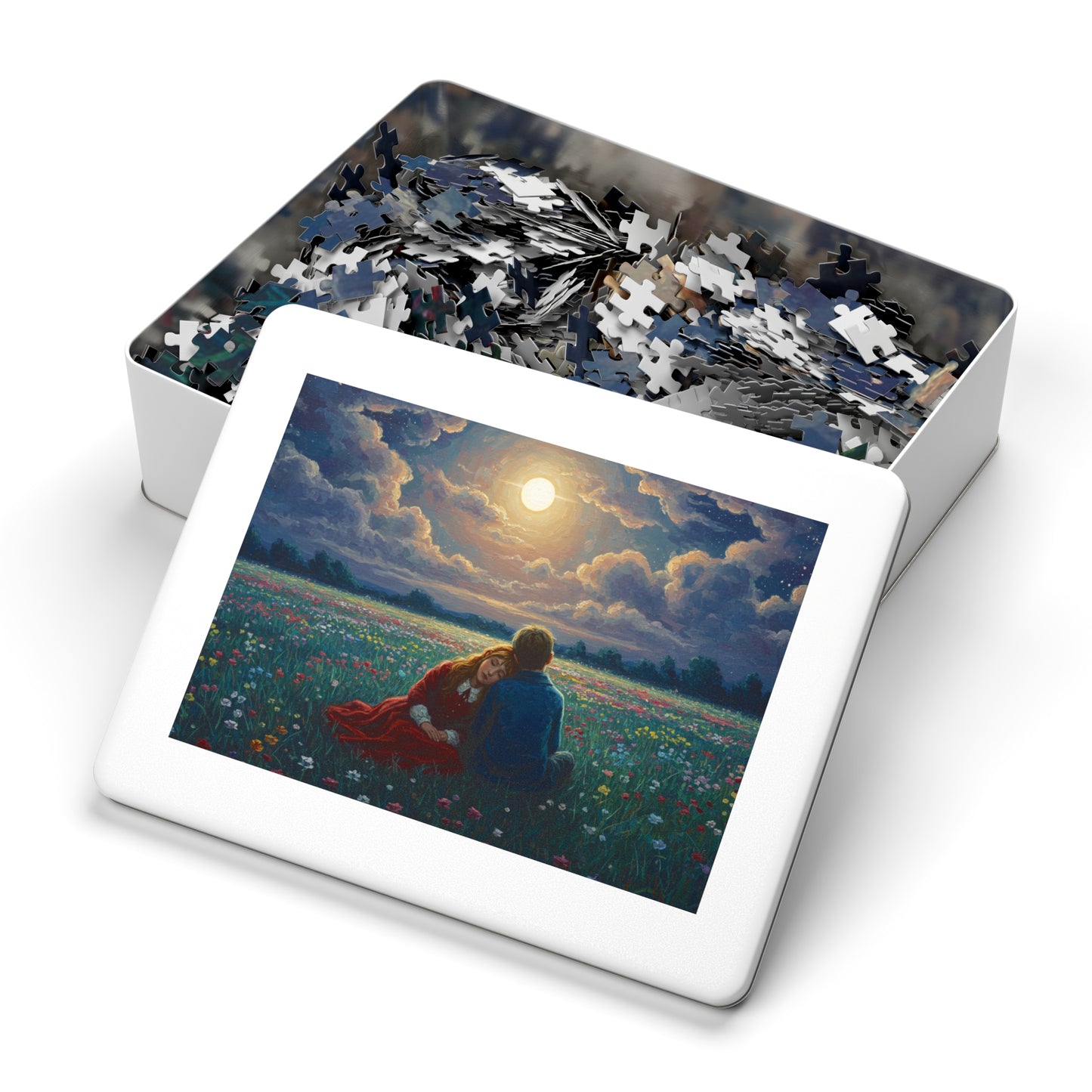 110, 252, 500, 1000, 2000 Romantic Moonlight Jigsaw Puzzle, Starry Night Romance Puzzle, Couple Under Moonlight in Meadow, Lovers Resting in Flower Field