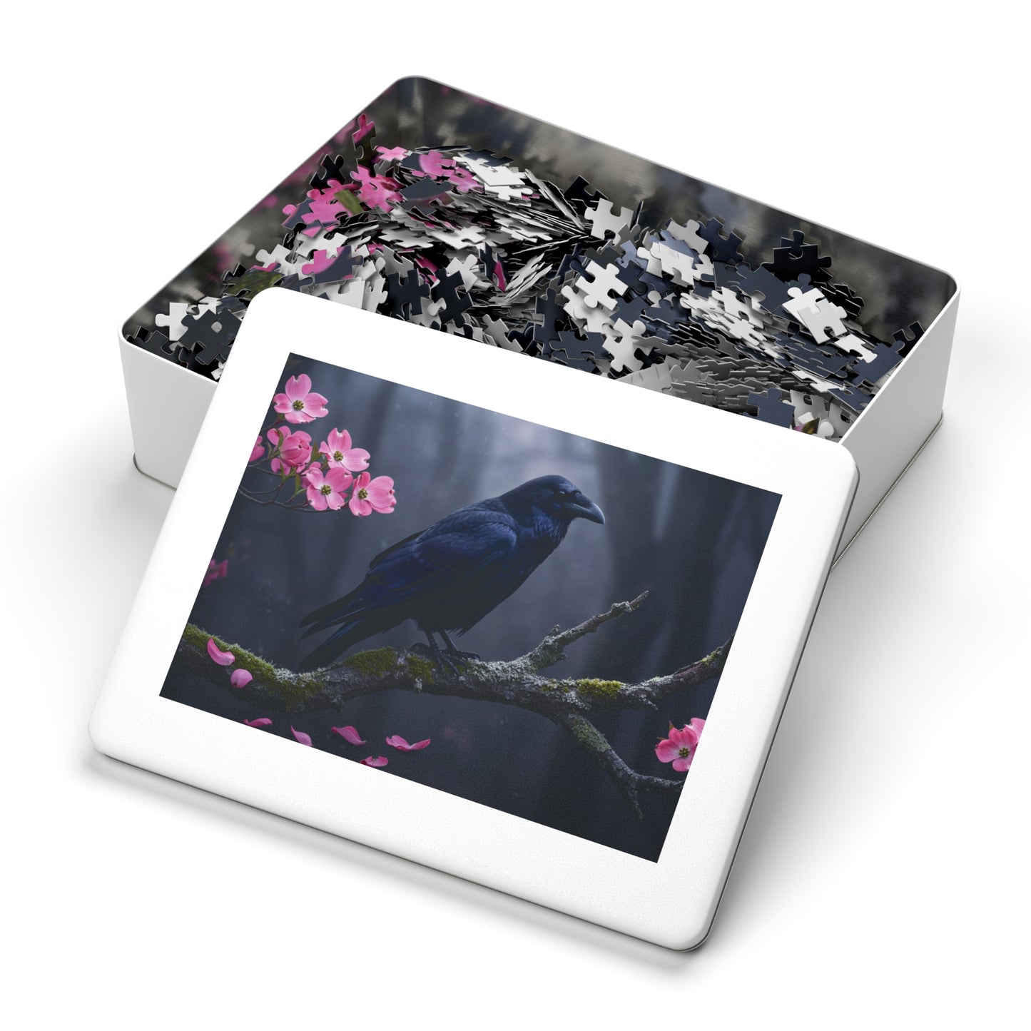 110, 252, 500, 1000, 2000 Black Bird in Spring Forest | Dark Raven with Pink Blossoms | Nature-Inspired Raven & Bloom Puzzle |Mystical Raven Jigsaw Puzzle with Tin | Gothic Raven & Cherry Blossom Puzzle