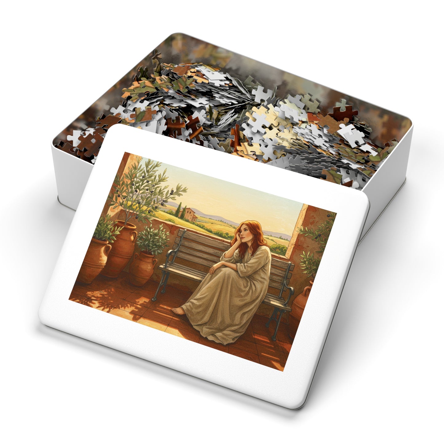 110, 252, 500, 1000, 2000 pcs Rustic Countryside Jigsaw Puzzle, Woman on Bench with Olive Trees, Mediterranean Landscape Puzzle