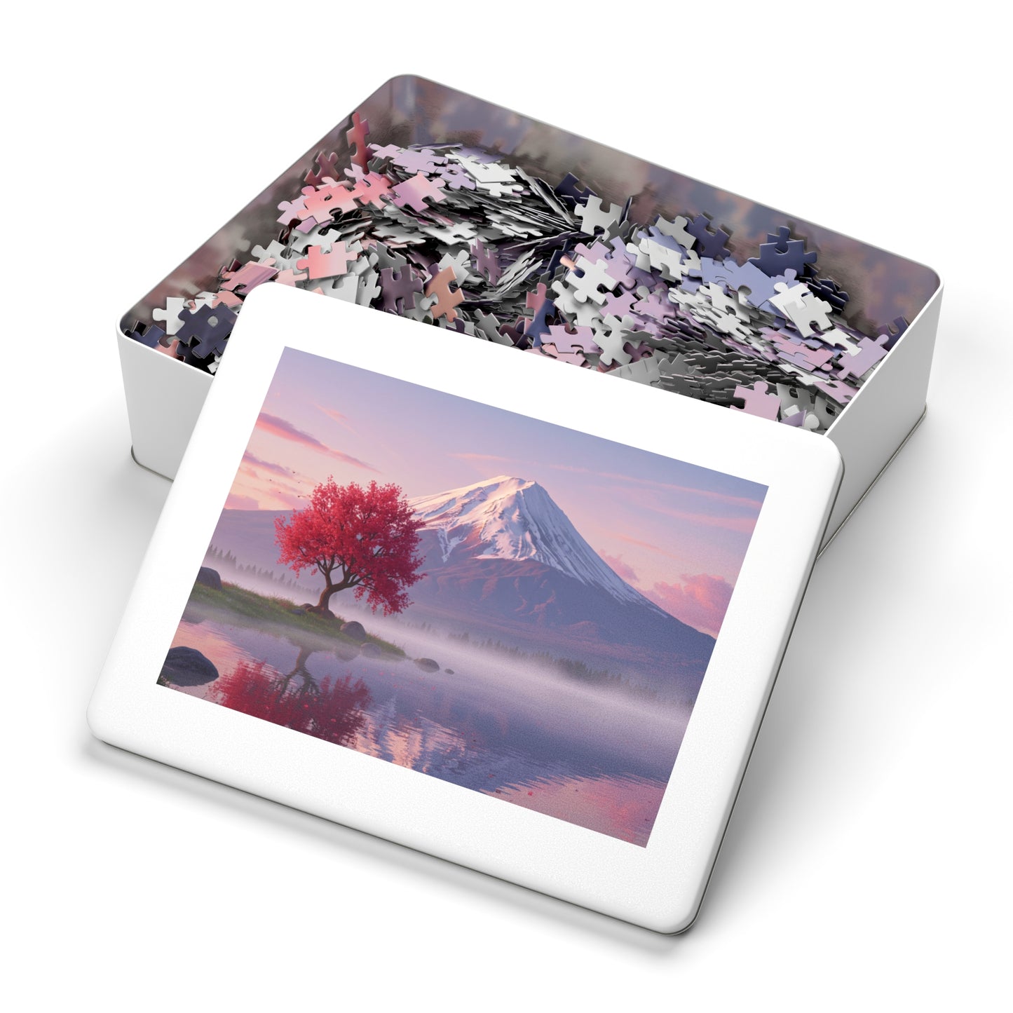 110, 252, 500, 1000, 2000 Cherry Blossom Tree by Mt. Fuji, Sakura Tree & Snowy Mountain Puzzle, Peaceful Pink Tree & Misty Lake Puzzle, Mount Fuji at Sunrise Puzzle, Calm Mountain Morning Puzzle