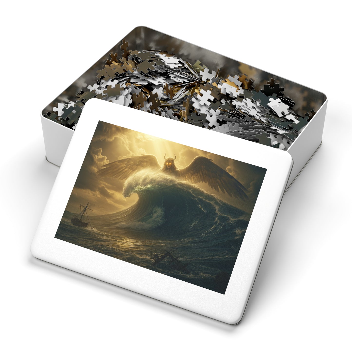 110, 252, 500, 1000, 2000 Mythic Sea Angel Rising | Stormy Ocean Wave Fantasy Art | Shipwreck & Light Beams | Surreal Winged Creature Wall Decor, Fantasy Jigsaw Puzzle with Tin