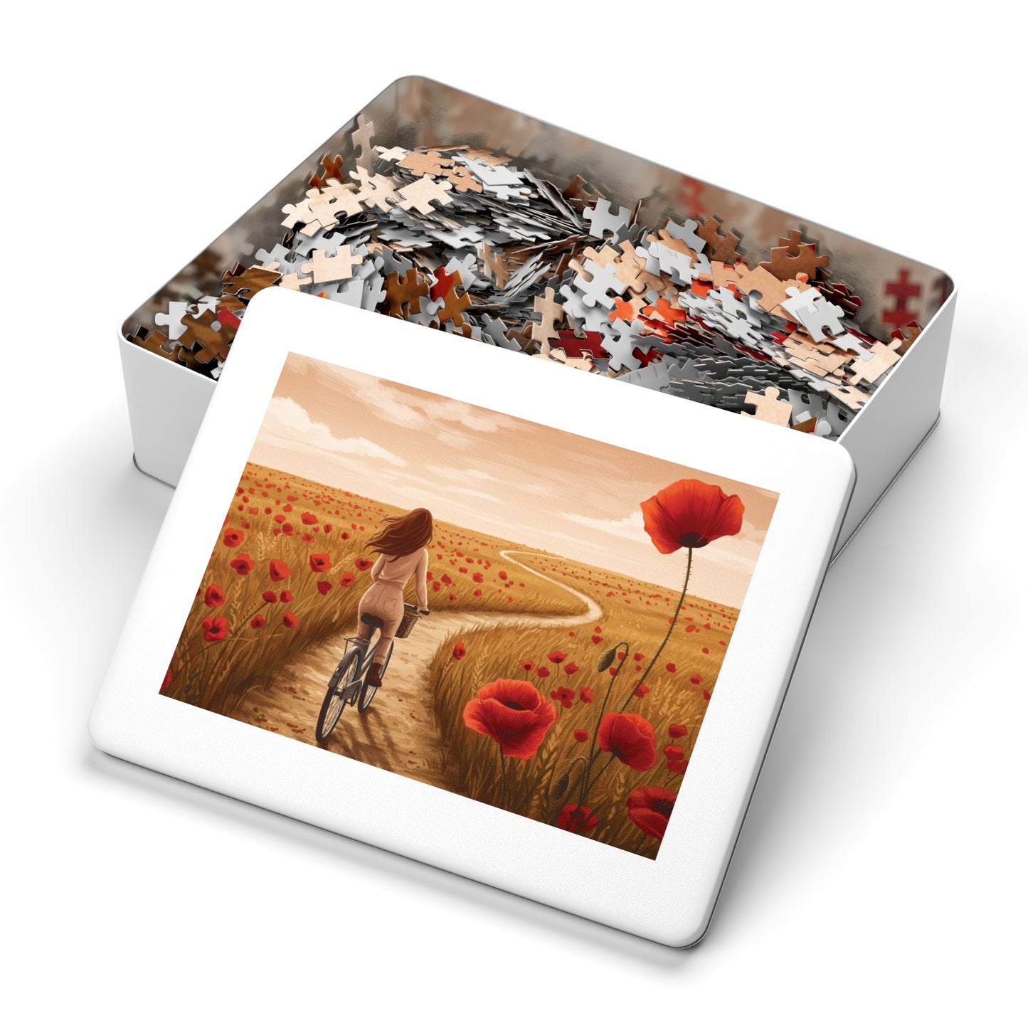 110, 252, 500, 1000, 2000 Golden Poppy Fields Jigsaw Puzzle – Serene Summer Bike Ride, Serene Poppy Fields Jigsaw Puzzle with Tin, Escape into Nature – Summer Cycling Puzzle with Flowers