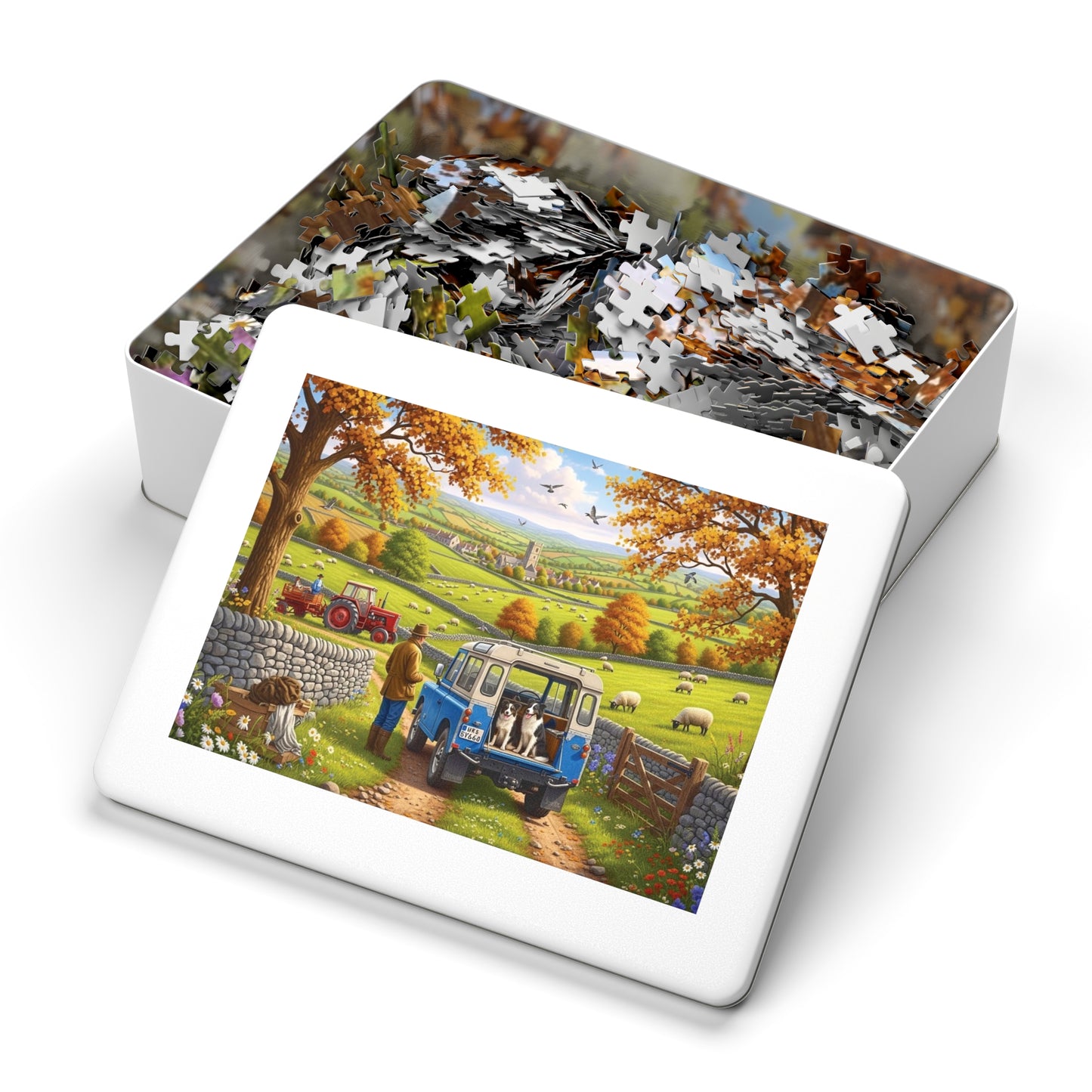 Autumn Countryside Farm Jigsaw Puzzle with Dogs, Tractor & Village
