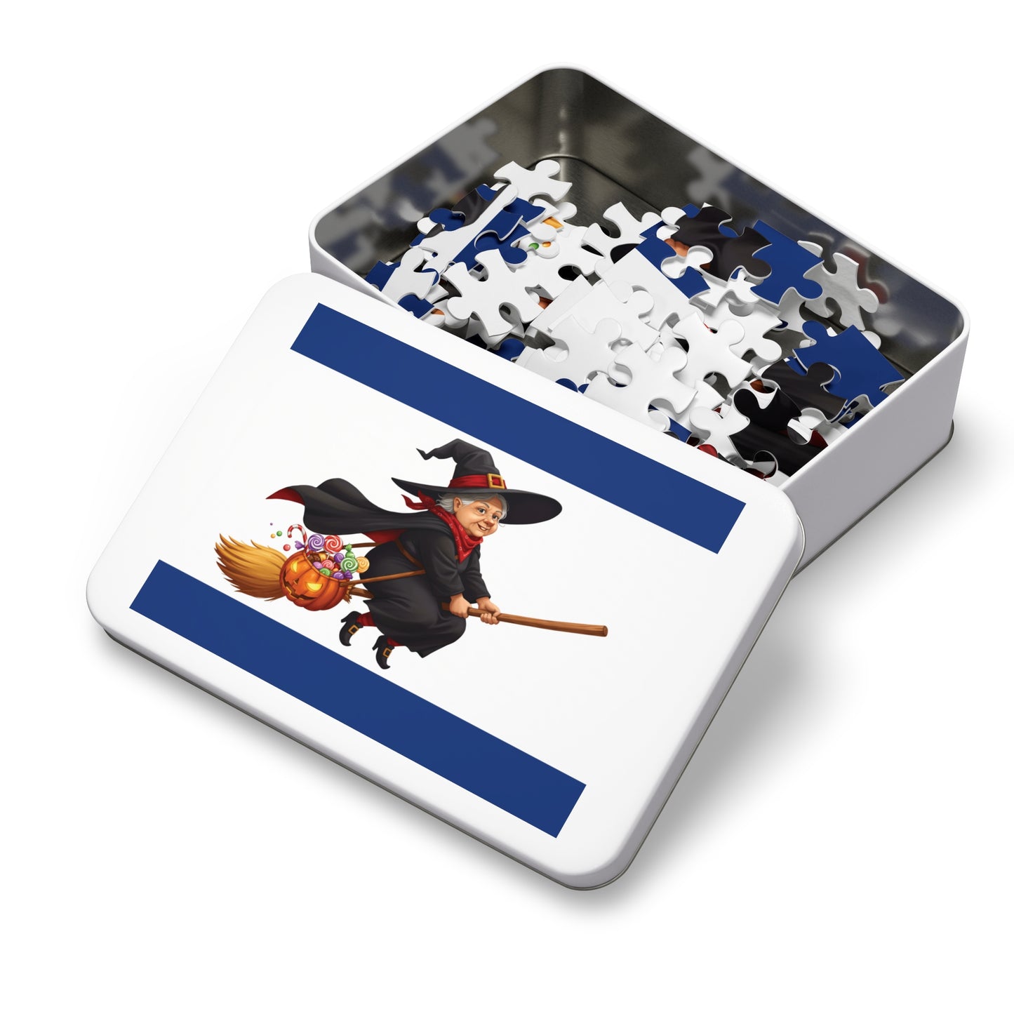 30, 110, 252, 500 Cartoon Witch on Broom Halloween Jigsaw Puzzle – Trick or Treat Theme, Halloween Witch Puzzle, Halloween Candy Pumpkin Art, Broomstick Ride & Sweets