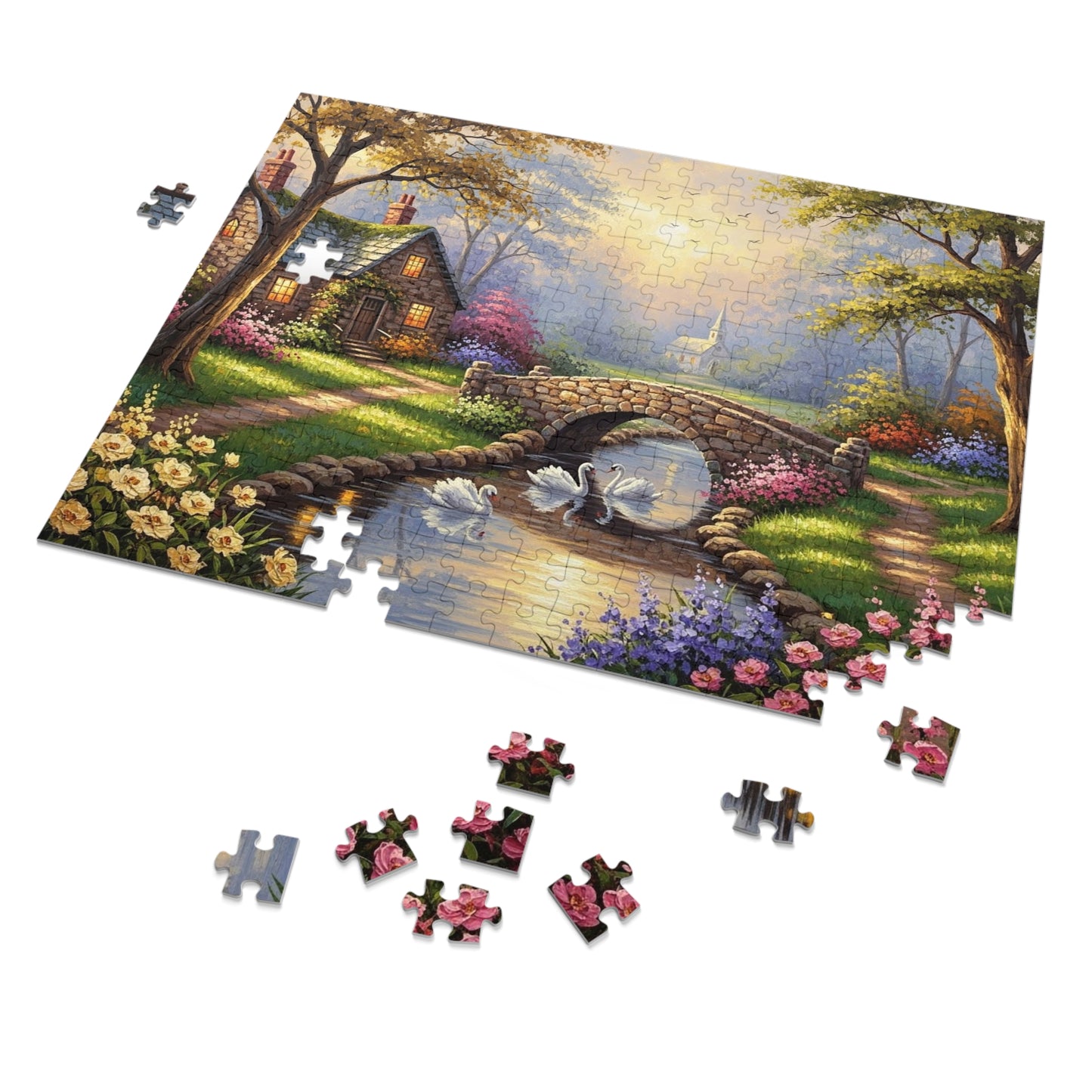 Spring Swan Bridge Cottage Puzzle | Flower Garden, Stone Bridge, Peaceful Countryside Scene