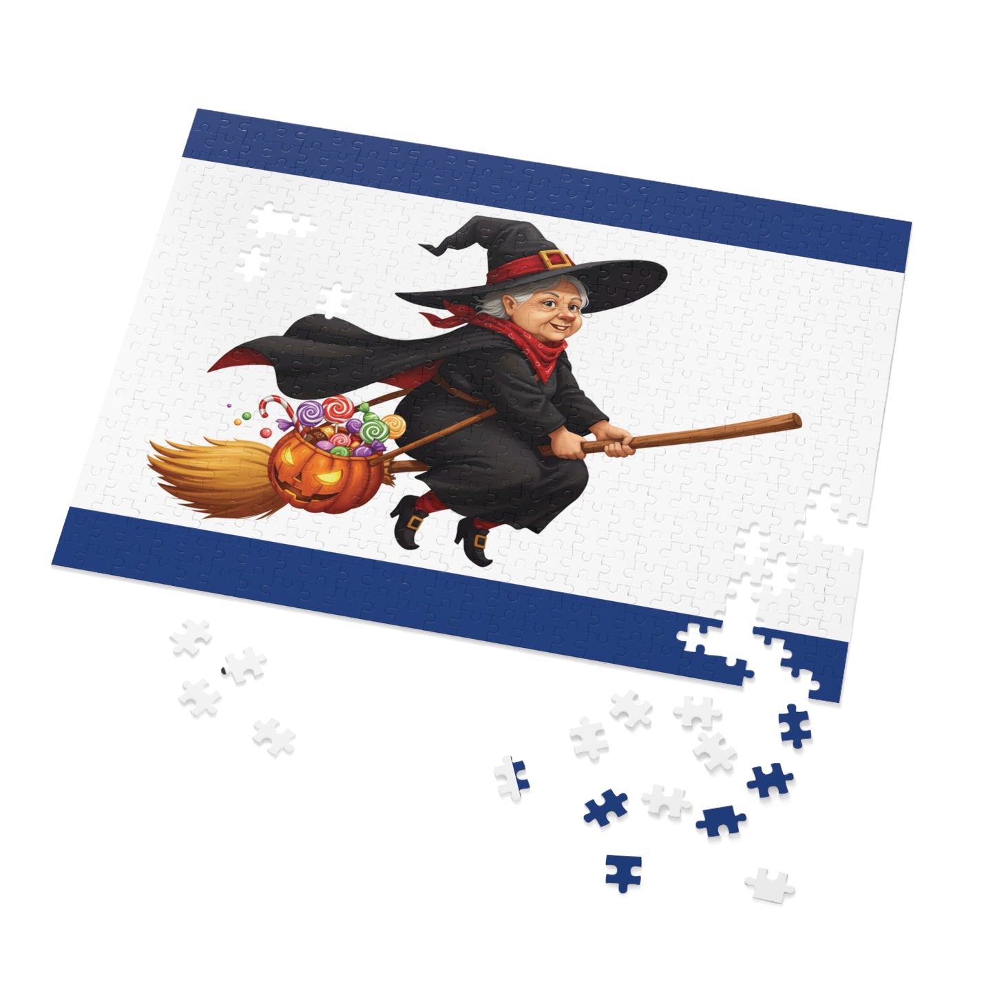 30, 110, 252, 500 Cartoon Witch on Broom Halloween Jigsaw Puzzle – Trick or Treat Theme, Halloween Witch Puzzle, Halloween Candy Pumpkin Art, Broomstick Ride & Sweets