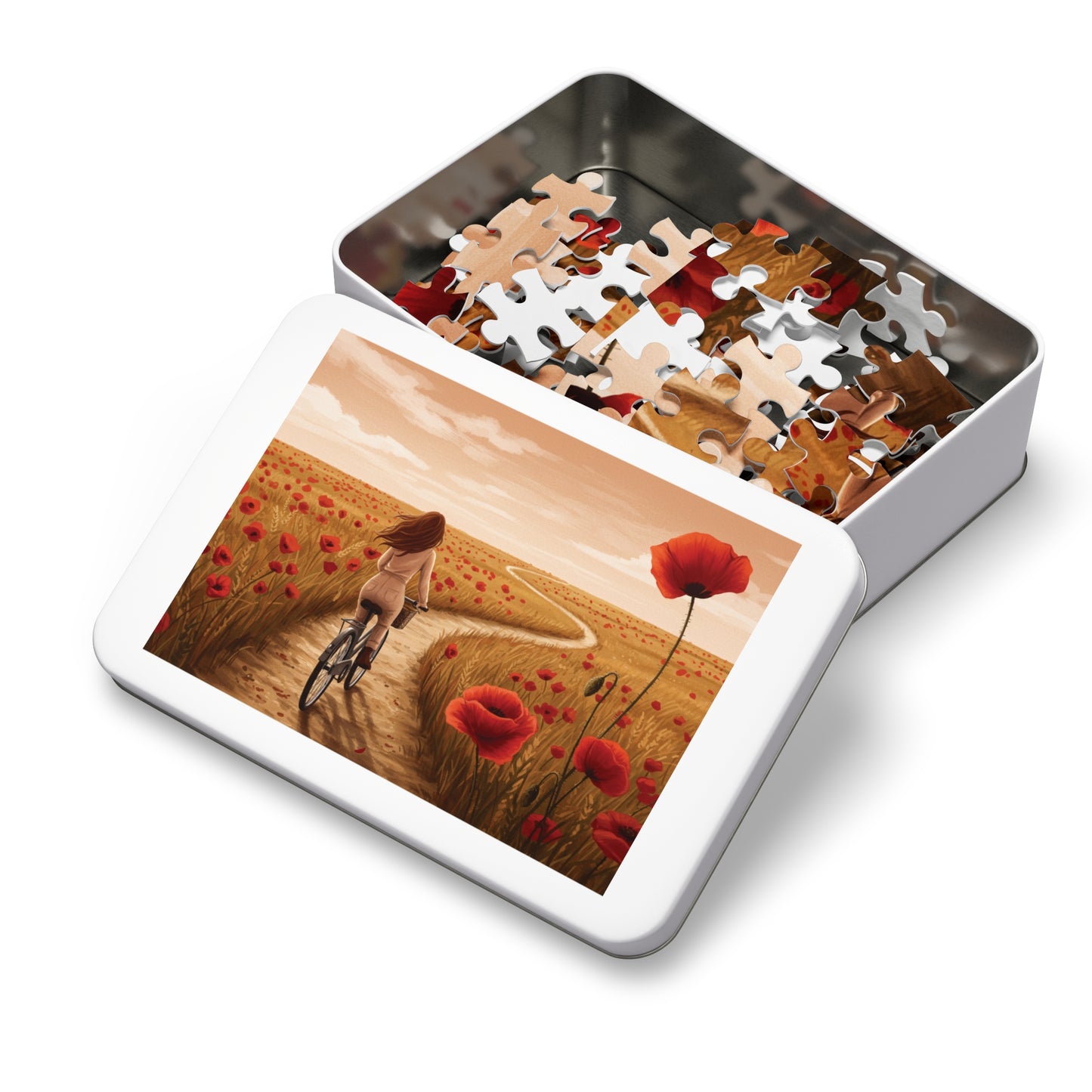 110, 252, 500, 1000, 2000 Golden Poppy Fields Jigsaw Puzzle – Serene Summer Bike Ride, Serene Poppy Fields Jigsaw Puzzle with Tin, Escape into Nature – Summer Cycling Puzzle with Flowers