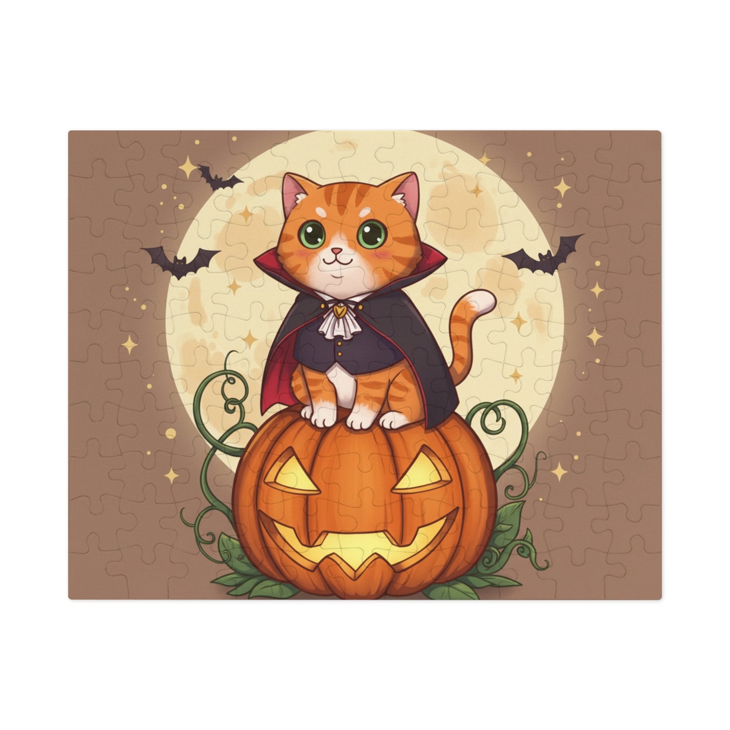 30, 110, 252 pcs Halloween Cat Jigsaw Puzzle, Cute Halloween Puzzle, Cartoon Kitten in Cape on Glowing Pumpkin, Halloween Night Scene with Bats and Moon