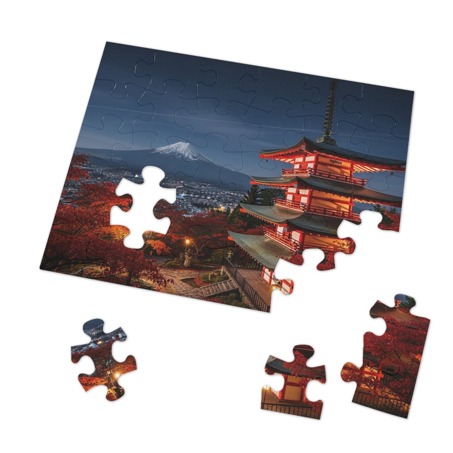 Mount Fuji Night Pagoda Jigsaw Puzzle 🌙🗻 Autumn Temple View, Japan City Lights & Crimson Maples