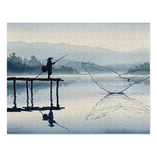 110, 252, 500, 1000, 2000 Peaceful Morning Fishing Scene Jigsaw Puzzle, Minimalist Watercolor Art, Soft Tones, Elegant Brushwork, Serenity on the Water Puzzle