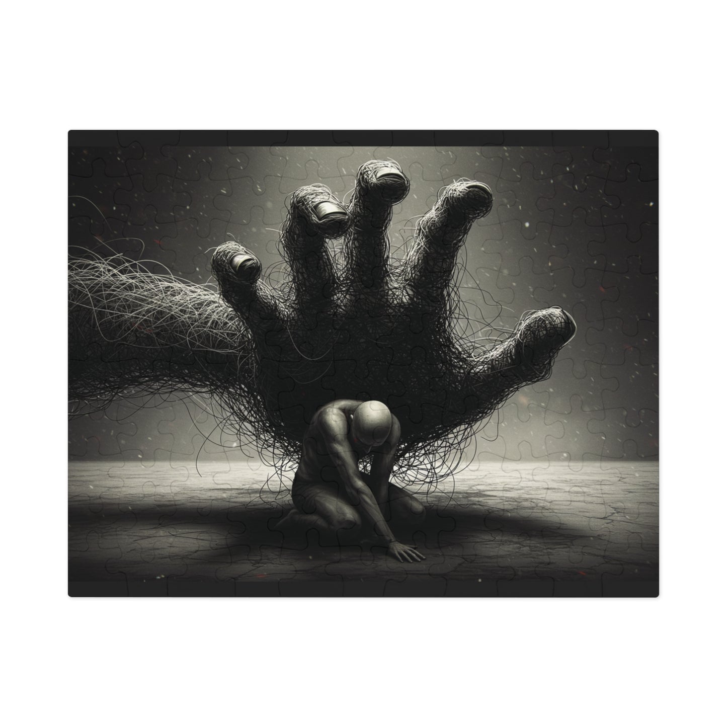 110, 252, 500, 1000, 2000 Dark Abstract Wire Hand Jigsaw Puzzle, Tangled Hand and Kneeling Figure, Oppression and Chaos Puzzle