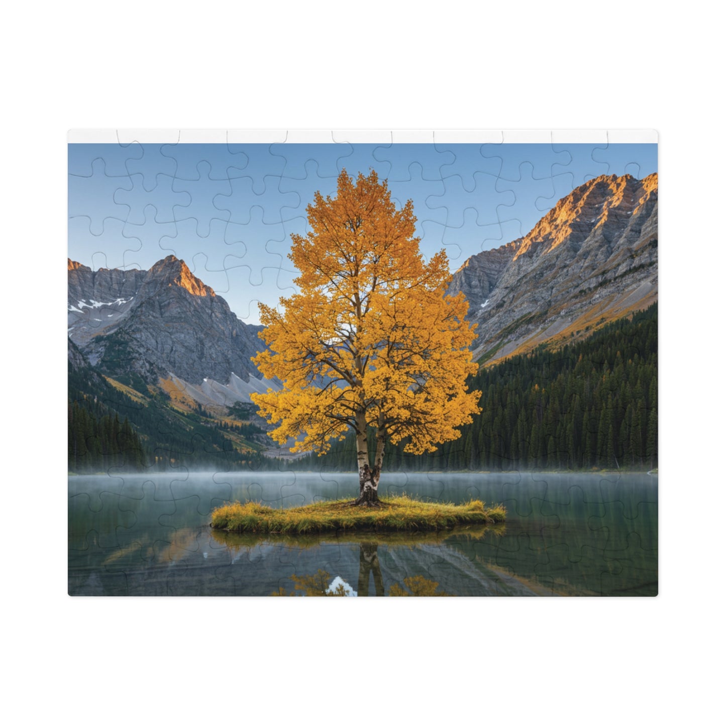 110, 252, 500, 1000, 2000 Autumn Landscape Jigsaw Puzzle with Tin, Golden Autumn Tree Lake Puzzle, Autumn Tree & Calm Waters, Misty Lake and Rocky Peaks Jigsaw