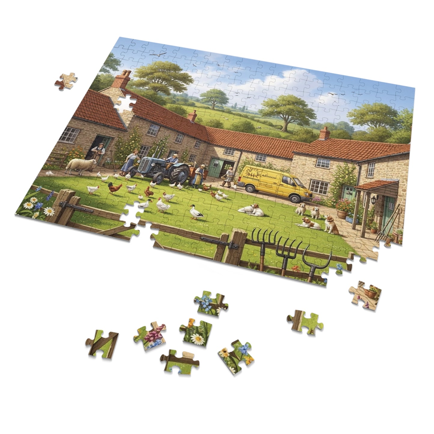 Countryside Village Farm Jigsaw Puzzle with Dogs Chickens and Sheep