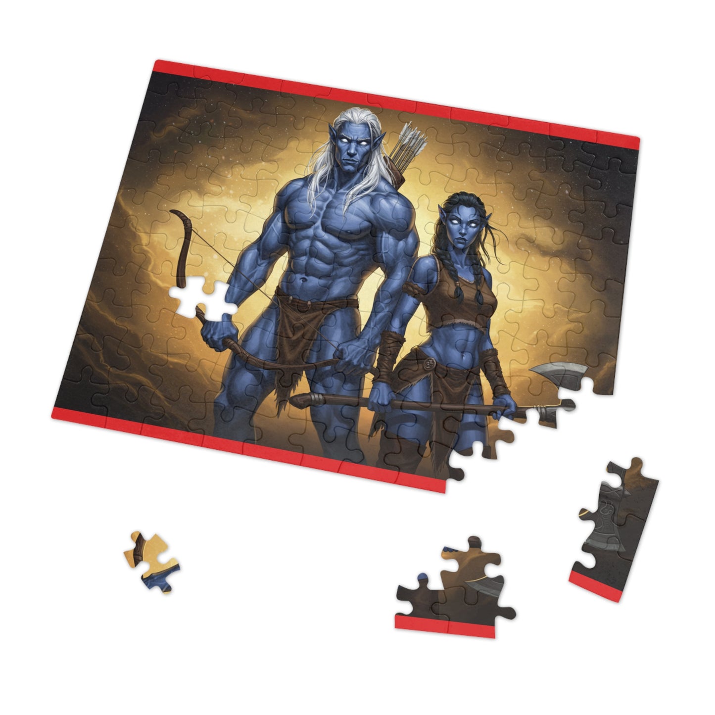 110, 252, 500, 1000, 2000 Blue-Skinned Heroes with Weapons Jigsaw Puzzle, Mythical Battle Duo Puzzle, Legendary Warriors Jigsaw, Heroic Fantasy Fighters Jigsaw