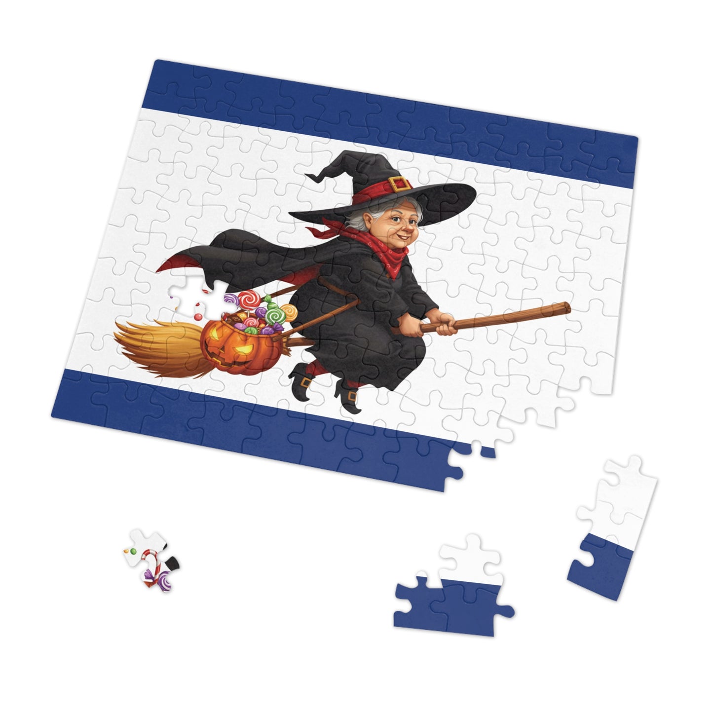 30, 110, 252, 500 Cartoon Witch on Broom Halloween Jigsaw Puzzle – Trick or Treat Theme, Halloween Witch Puzzle, Halloween Candy Pumpkin Art, Broomstick Ride & Sweets
