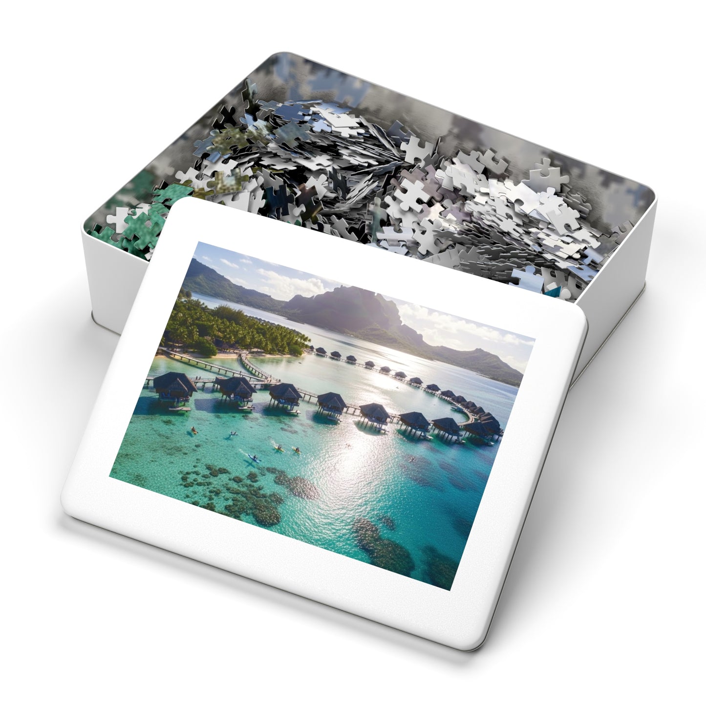 Bora Bora Overwater Bungalows Jigsaw Puzzle 🌴 Crystal Lagoon, Tropical Island Paradise & Luxury Resort View