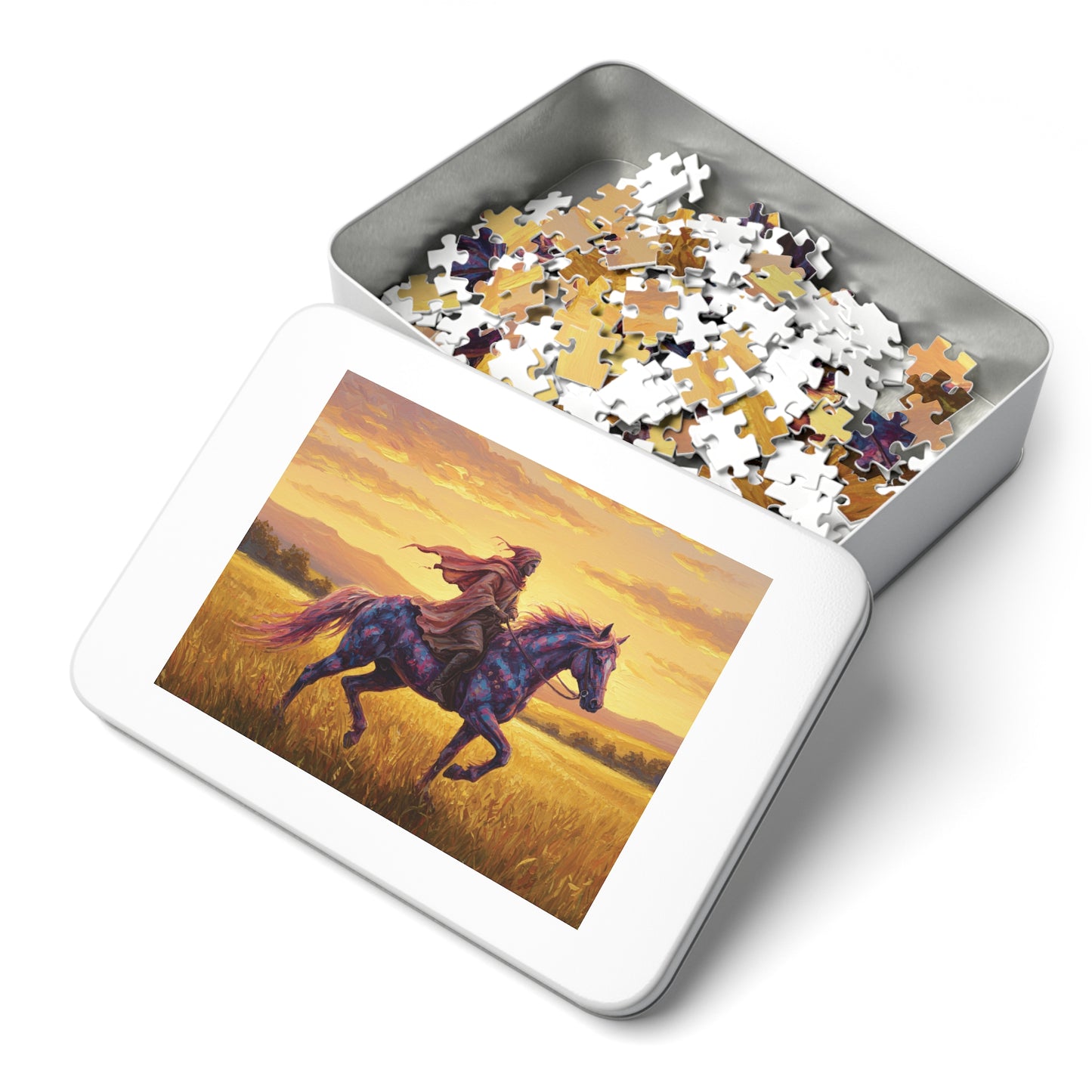 110, 252, 500, 1000, 2000 Jigsaw Puzzle, Mystical Rider Jigsaw Puzzle, Cloaked Rider on Colorful Horse, Epic Sunset Adventure, Premium Puzzle Gift,  Hero on Horse, Golden Field, Fantasy Theme, Vibrant Fantasy Sunset Art
