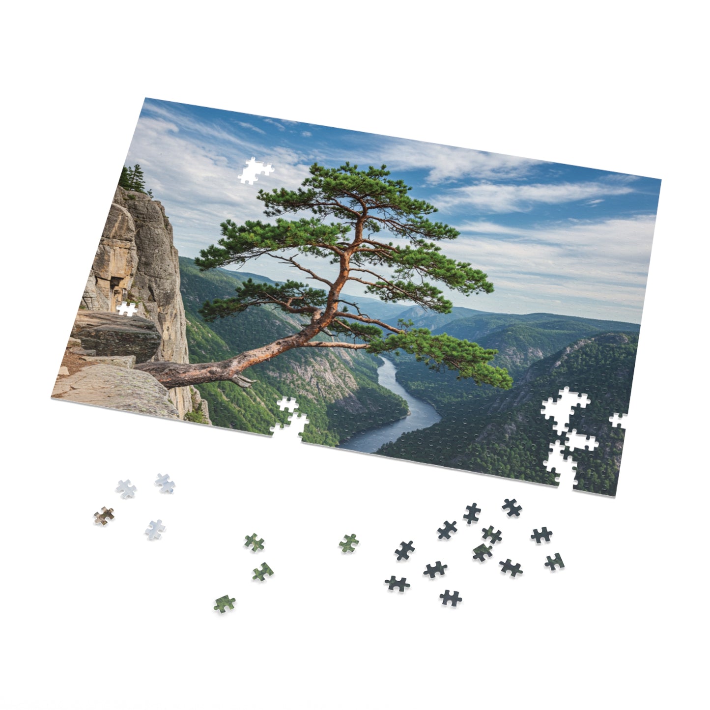 Cliffside Tree Jigsaw Puzzle (110, 252, 500, 1000, 2000 pcs) – Peaceful Nature, Mountain & River Design, Serene Forest Scene