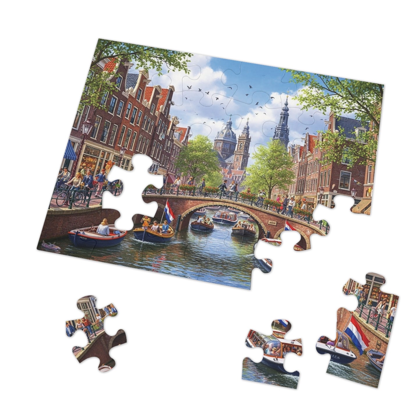 European Canal City Jigsaw Puzzle Scenic Bridge and Boat Scene