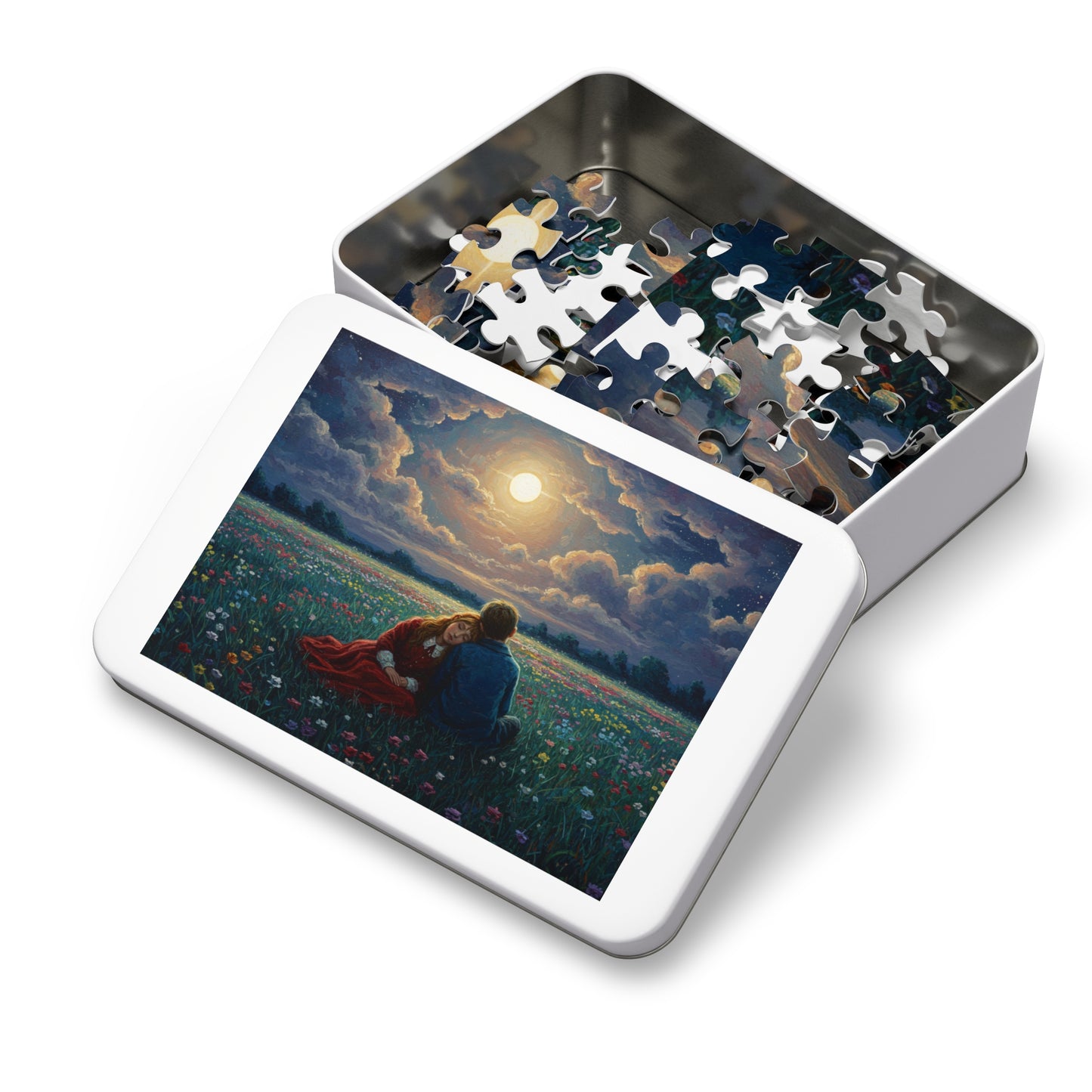 110, 252, 500, 1000, 2000 Romantic Moonlight Jigsaw Puzzle, Starry Night Romance Puzzle, Couple Under Moonlight in Meadow, Lovers Resting in Flower Field