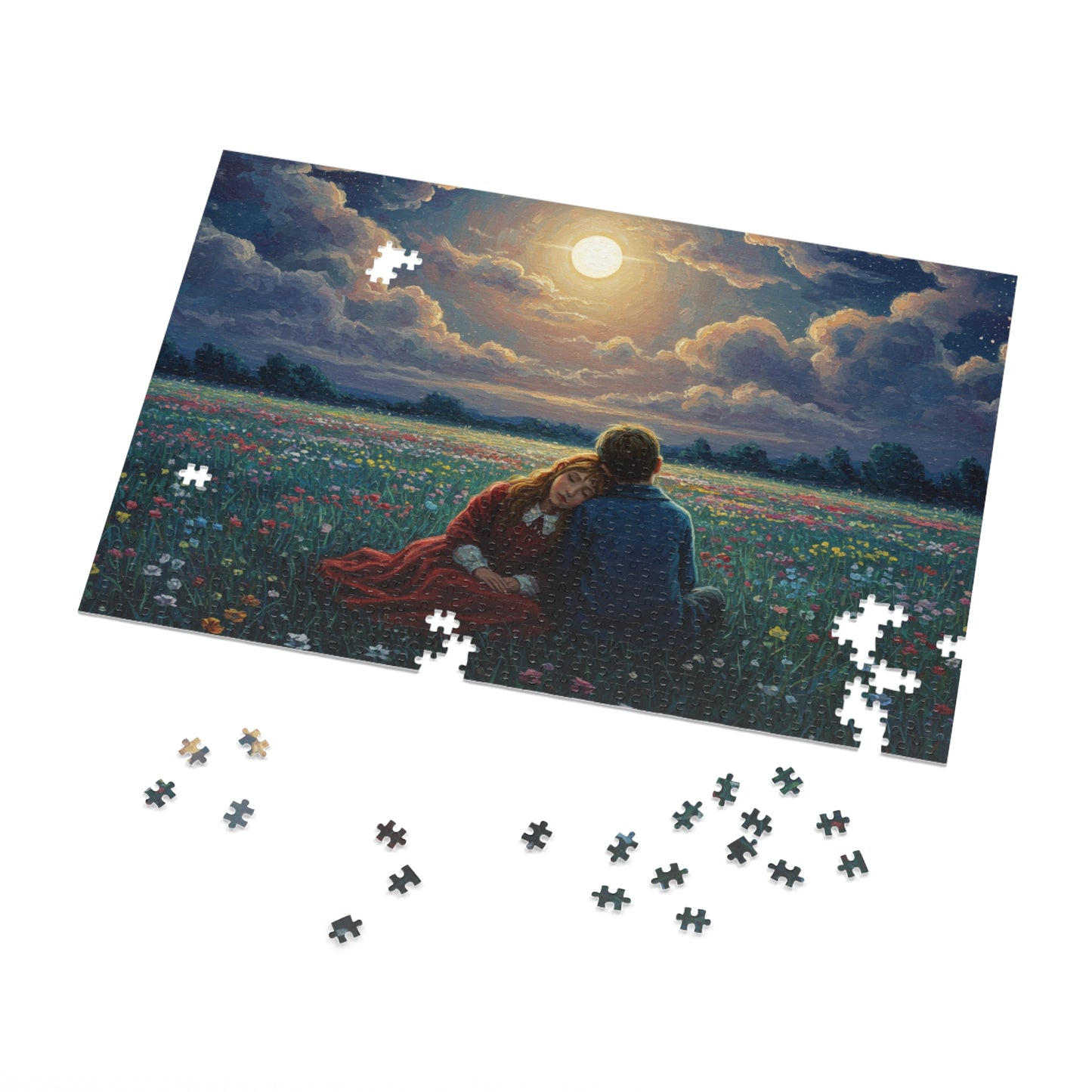 110, 252, 500, 1000, 2000 Romantic Moonlight Jigsaw Puzzle, Starry Night Romance Puzzle, Couple Under Moonlight in Meadow, Lovers Resting in Flower Field