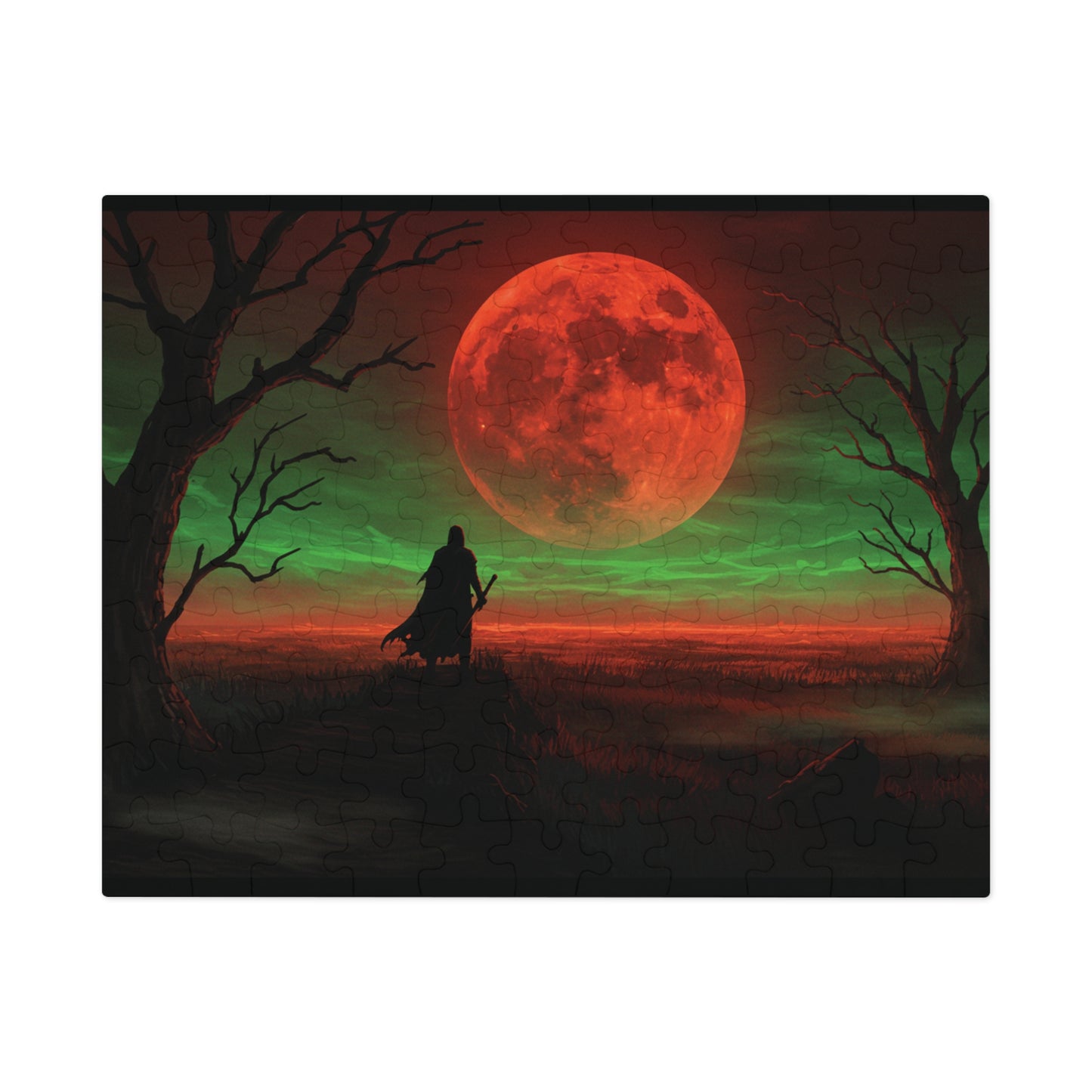 110, 252, 500, 1000, 2000 Mystical Red Moon Jigsaw Puzzle, Blood Moon Warrior Puzzle, Apocalyptic Red Moon Puzzle, Shadow Path Puzzle, Dark Fantasy Puzzle, Crimson Sky Puzzle