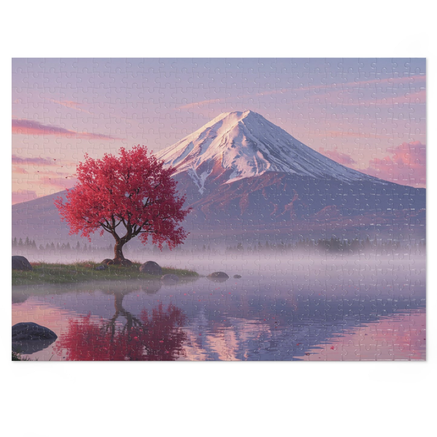110, 252, 500, 1000, 2000 Cherry Blossom Tree by Mt. Fuji, Sakura Tree & Snowy Mountain Puzzle, Peaceful Pink Tree & Misty Lake Puzzle, Mount Fuji at Sunrise Puzzle, Calm Mountain Morning Puzzle