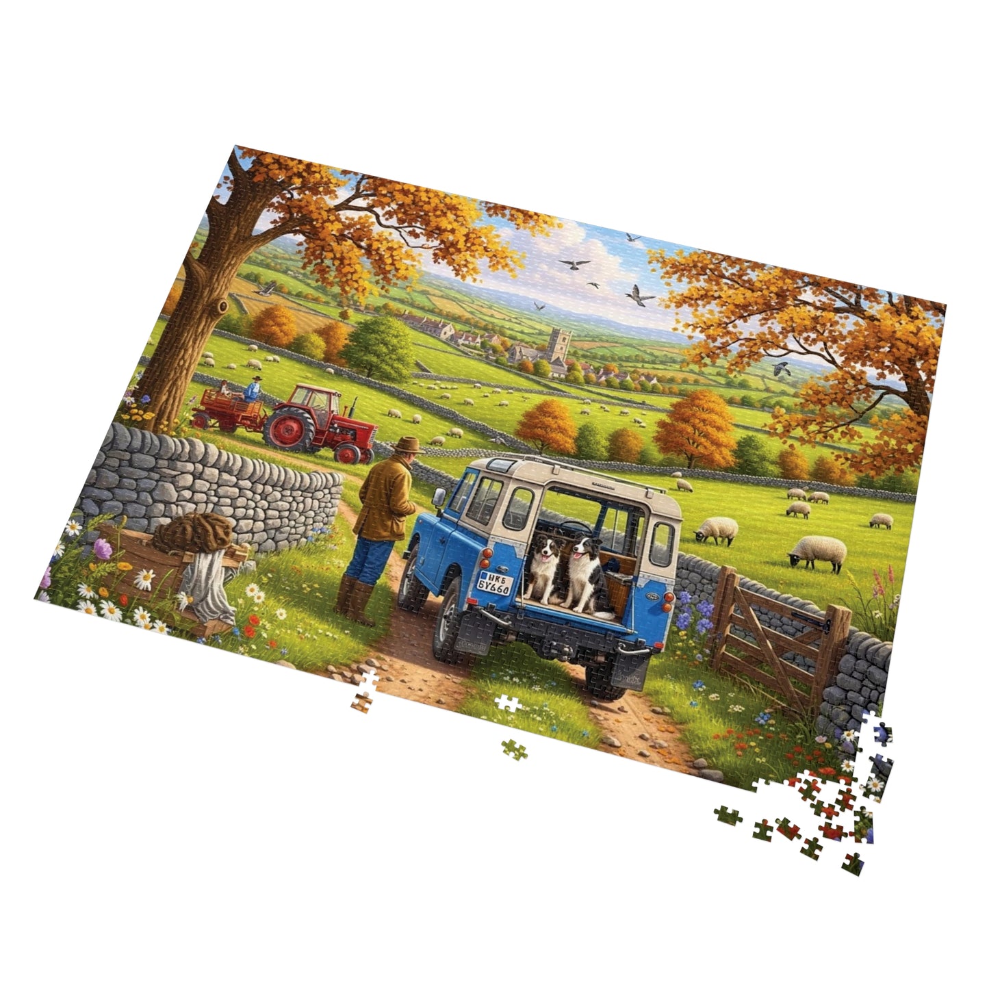 Autumn Countryside Farm Jigsaw Puzzle with Dogs, Tractor & Village