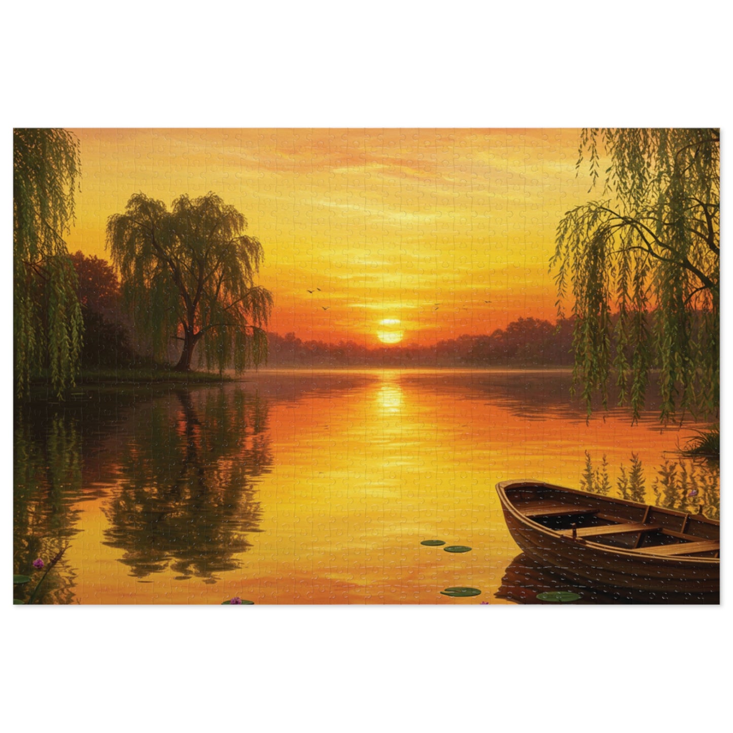 110, 252, 500, 1000, 2000 Golden Sunset Rowboat Puzzle, Sunset Over Still Waters, Boat at Dusk Puzzle, Tranquil Willow Tree Sunset, Golden Hour Reflection Puzzle, Sunset Reflection on Lake Puzzle, Rowboat on Calm Waters Puzzle
