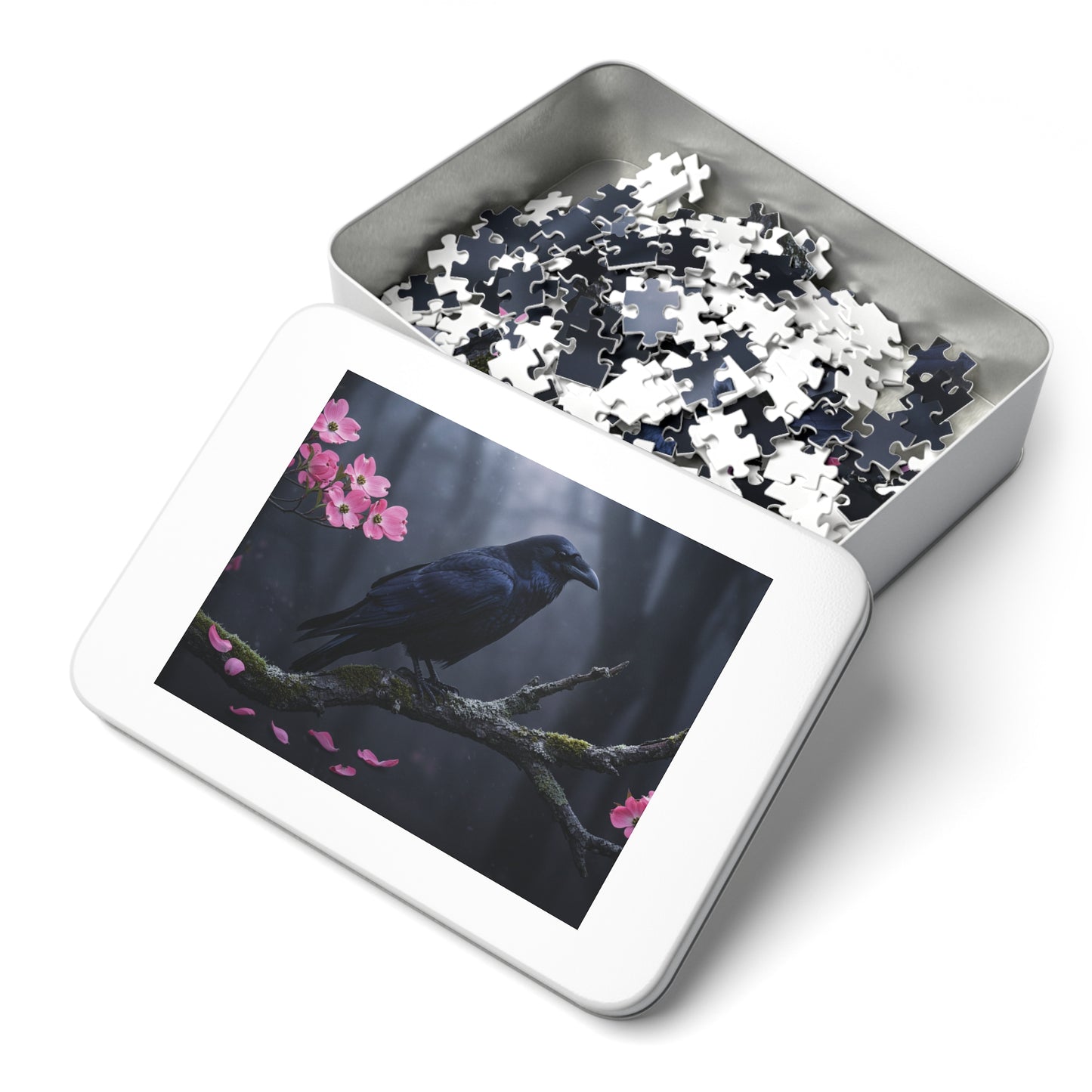 110, 252, 500, 1000, 2000 Black Bird in Spring Forest | Dark Raven with Pink Blossoms | Nature-Inspired Raven & Bloom Puzzle |Mystical Raven Jigsaw Puzzle with Tin | Gothic Raven & Cherry Blossom Puzzle