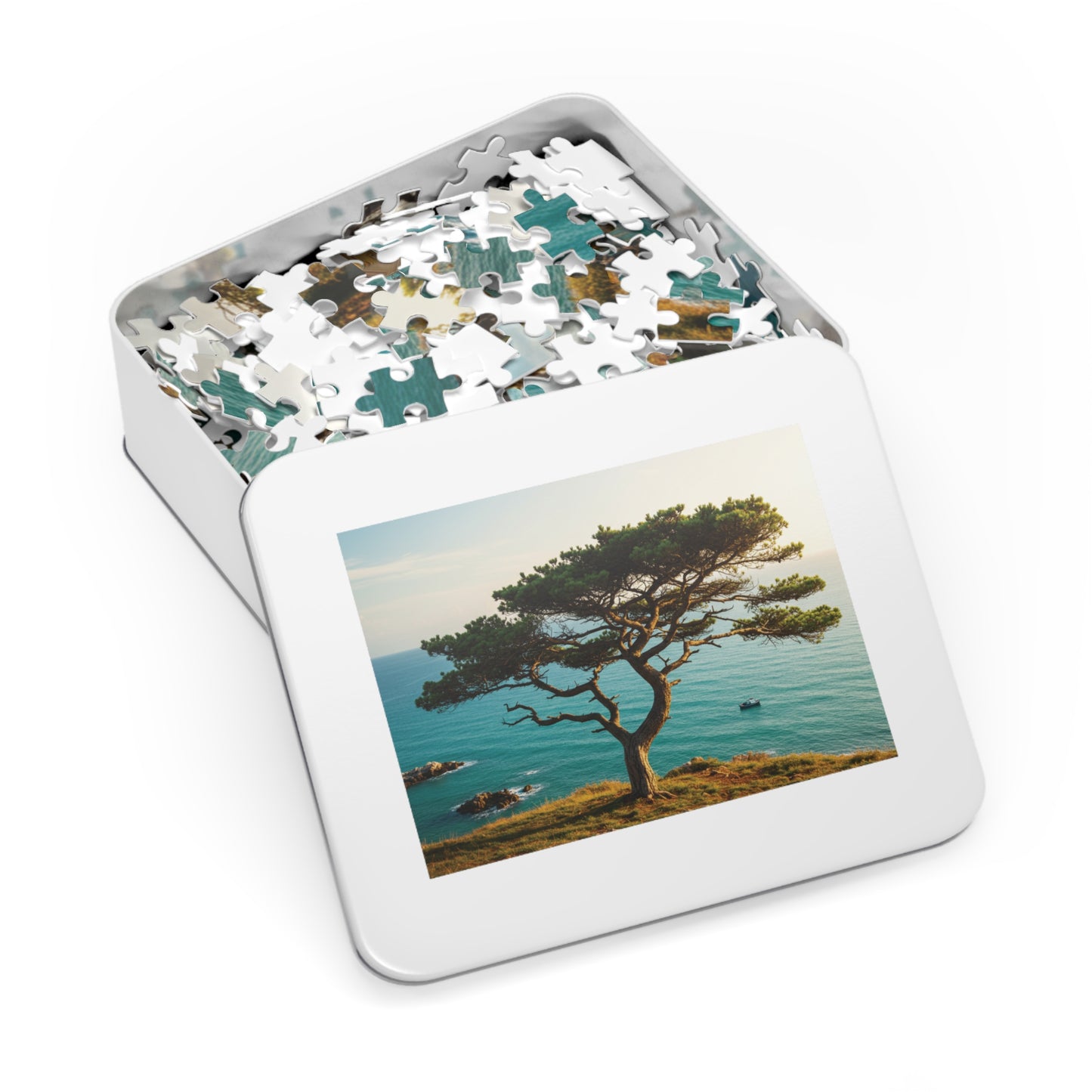 Coastal Tree & Ocean View Jigsaw Puzzle (110, 252, 500, 1000, 2000 pcs) – Serene Cliffside Scene in Gift Tin