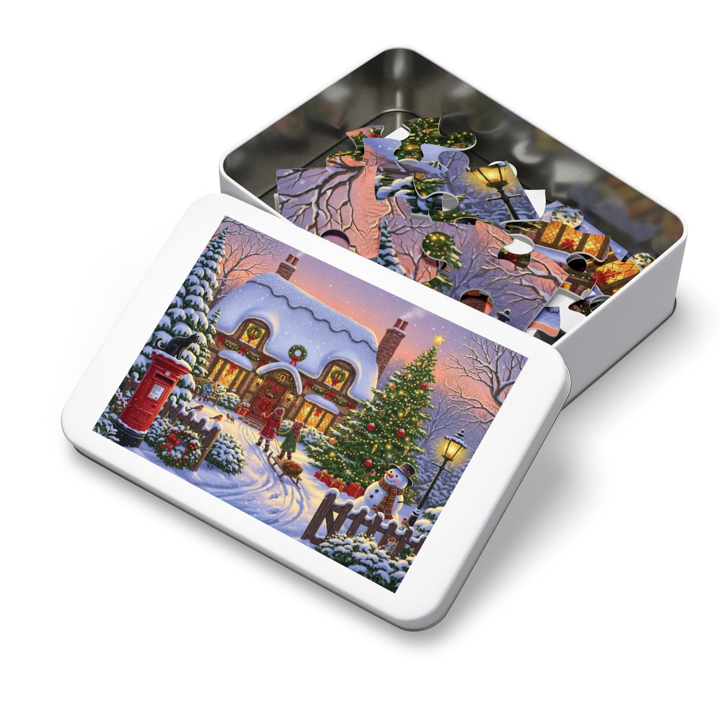 Christmas Cottage Jigsaw Puzzle with Tree Snowman and Sled
