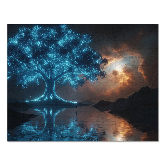 110, 252, 500, 1000, 2000 | Mystical Tree Jigsaw Puzzle with Tin, Enchanting Atmosphere, Celestial Tree of Light Puzzle – Cosmic Fantasy Glow Art