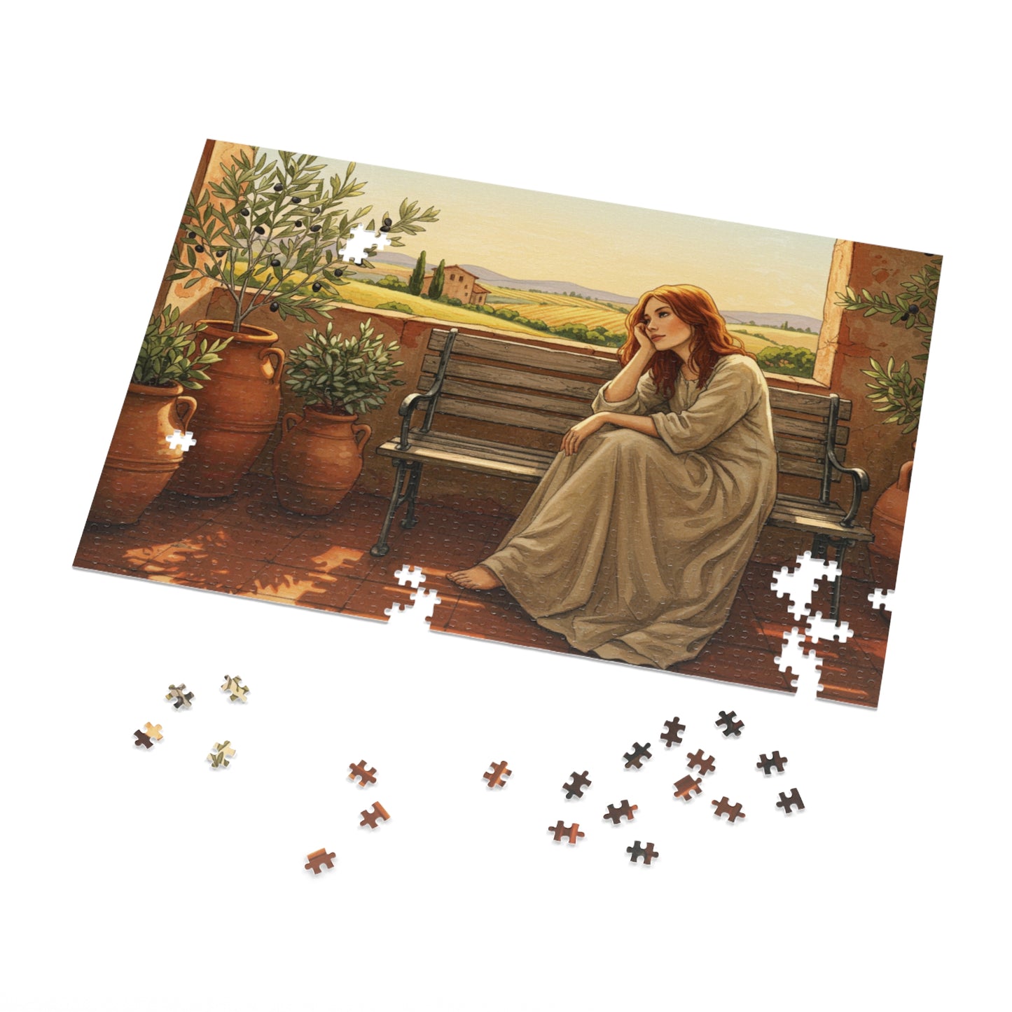 110, 252, 500, 1000, 2000 pcs Rustic Countryside Jigsaw Puzzle, Woman on Bench with Olive Trees, Mediterranean Landscape Puzzle