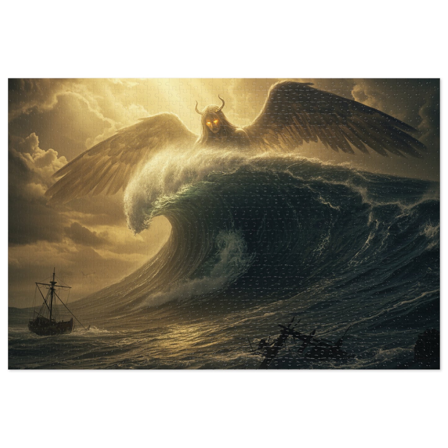 110, 252, 500, 1000, 2000 Mythic Sea Angel Rising | Stormy Ocean Wave Fantasy Art | Shipwreck & Light Beams | Surreal Winged Creature Wall Decor, Fantasy Jigsaw Puzzle with Tin