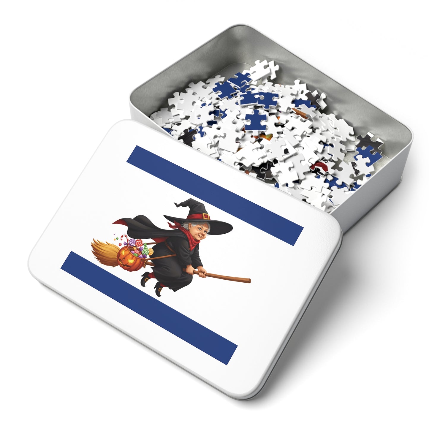 30, 110, 252, 500 Cartoon Witch on Broom Halloween Jigsaw Puzzle – Trick or Treat Theme, Halloween Witch Puzzle, Halloween Candy Pumpkin Art, Broomstick Ride & Sweets