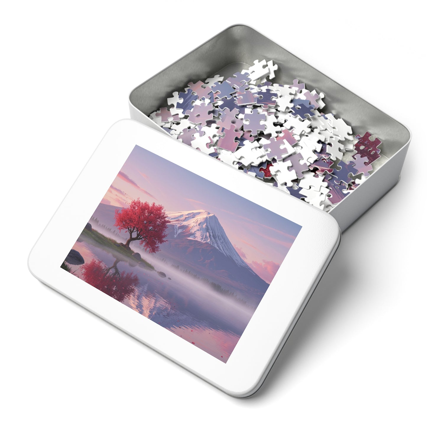 110, 252, 500, 1000, 2000 Cherry Blossom Tree by Mt. Fuji, Sakura Tree & Snowy Mountain Puzzle, Peaceful Pink Tree & Misty Lake Puzzle, Mount Fuji at Sunrise Puzzle, Calm Mountain Morning Puzzle