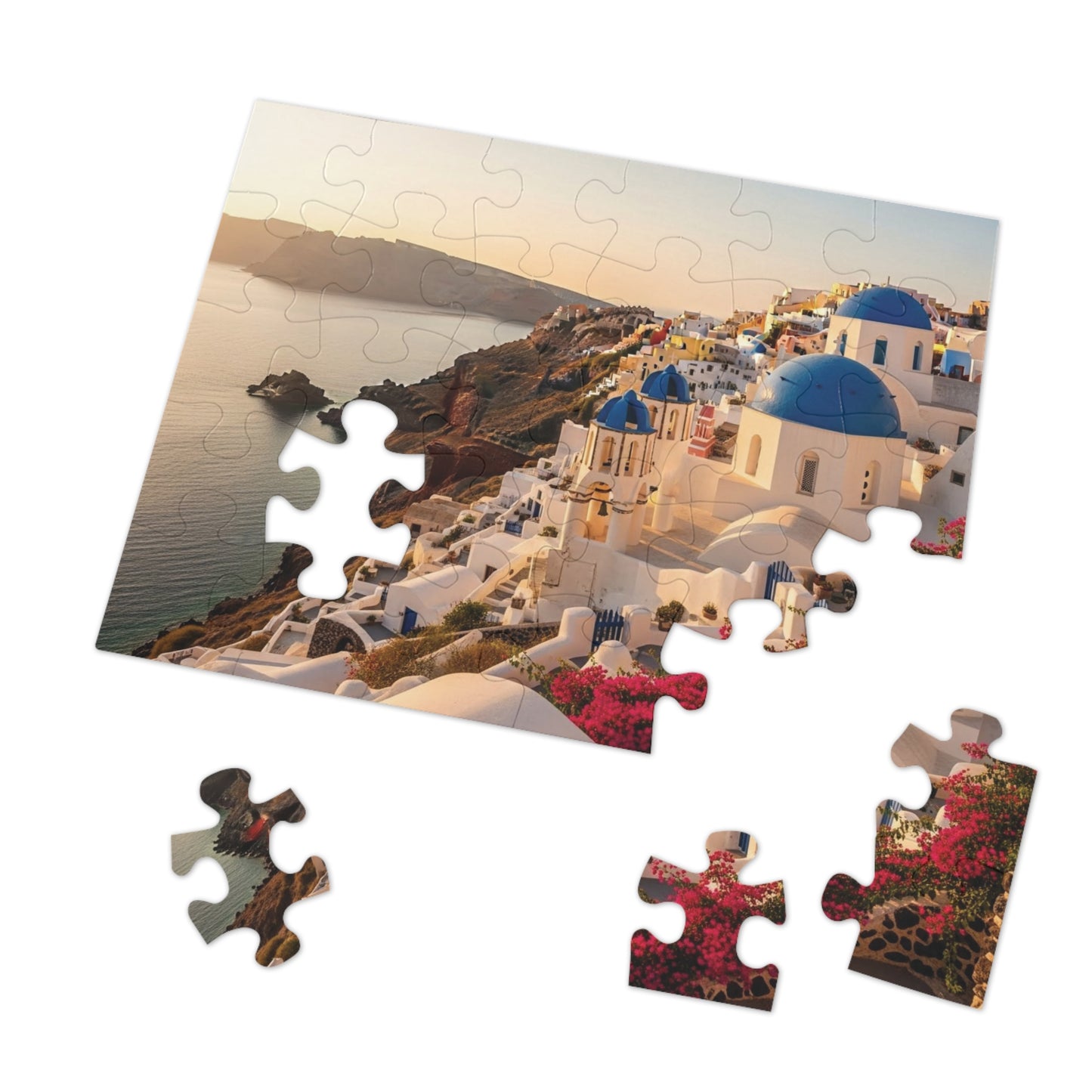 Santorini Sunset Cliffside Jigsaw Puzzle ☀️ Blue Domes Over the Aegean Sea