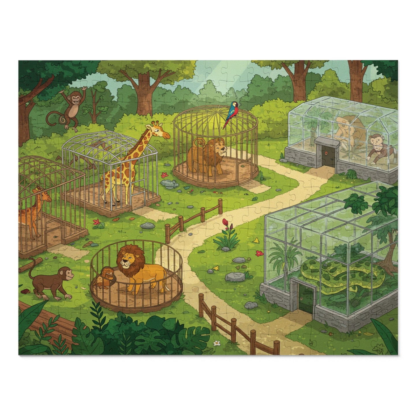 30, 110, 252 pcs Whimsical Zoo Jigsaw Puzzle, Cartoon Zoo Jigsaw Puzzle, Giraffes, Lions, Monkeys, and Parrots, Animated Animal Park Jigsaw, Lively Zoo Puzzle, Family Friendly Zoo Jigsaw Puzzle