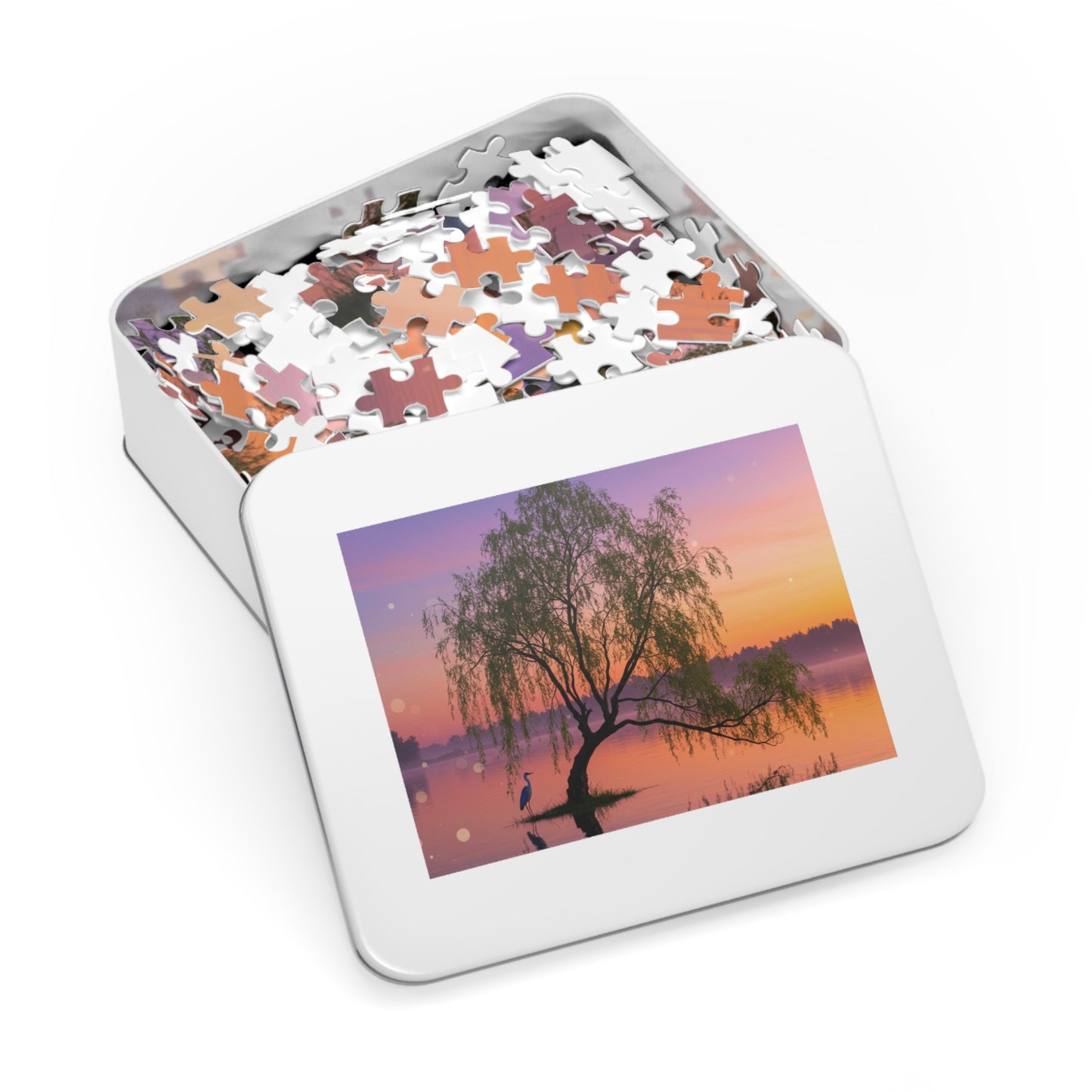 Willow Tree & Heron Jigsaw Puzzle (110, 252, 500, 1000, 2000 pcs) – Sunset Lake Scene in Gift Tin