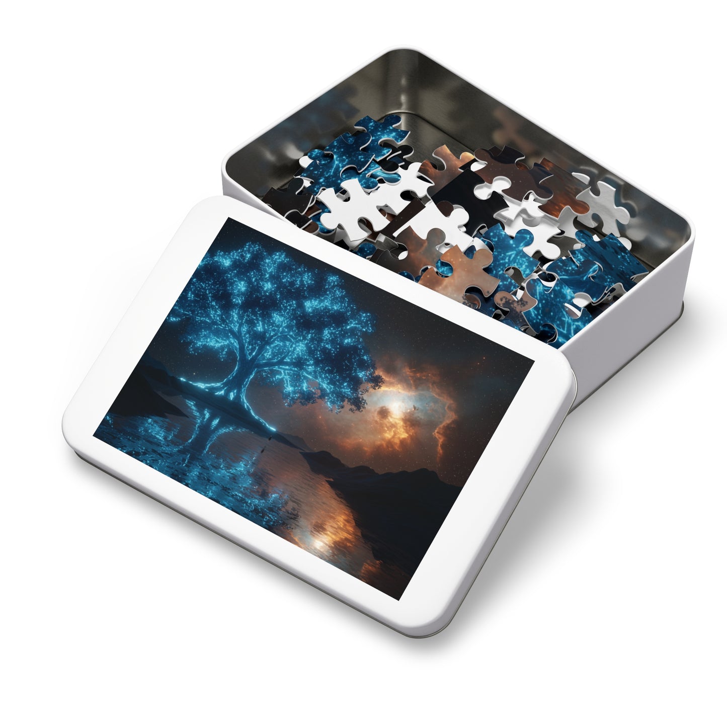 110, 252, 500, 1000, 2000 | Mystical Tree Jigsaw Puzzle with Tin, Enchanting Atmosphere, Celestial Tree of Light Puzzle – Cosmic Fantasy Glow Art