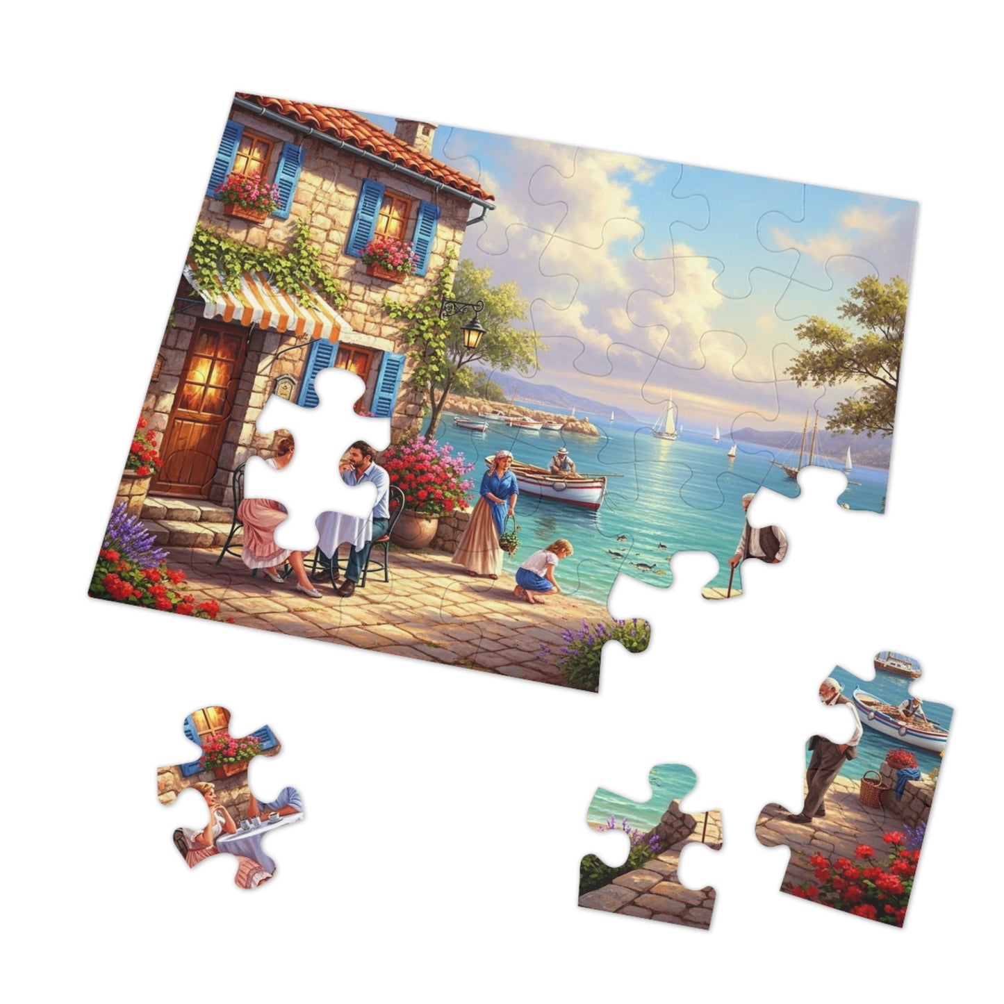 Mediterranean Seaside Café Puzzle | Charming Coastal Village, Sailboats, Flowers & Sunset Life