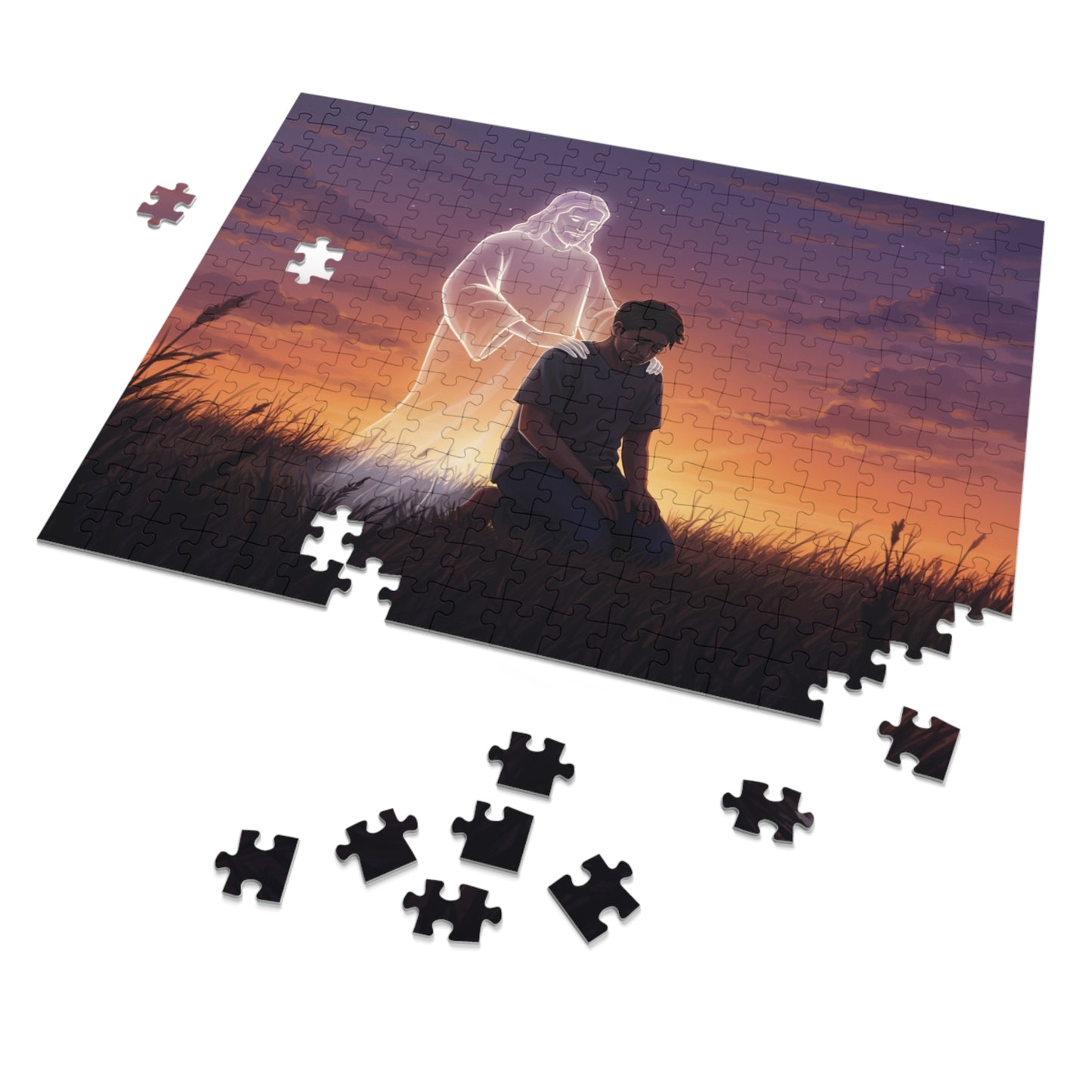 110, 252, 500, 1000 Spiritual Reflection Jigsaw Puzzle with Tin, Sunset Prayer and Heavenly Light Design, Kneeling Figure, Angelic Presence Jigsaw puzzle