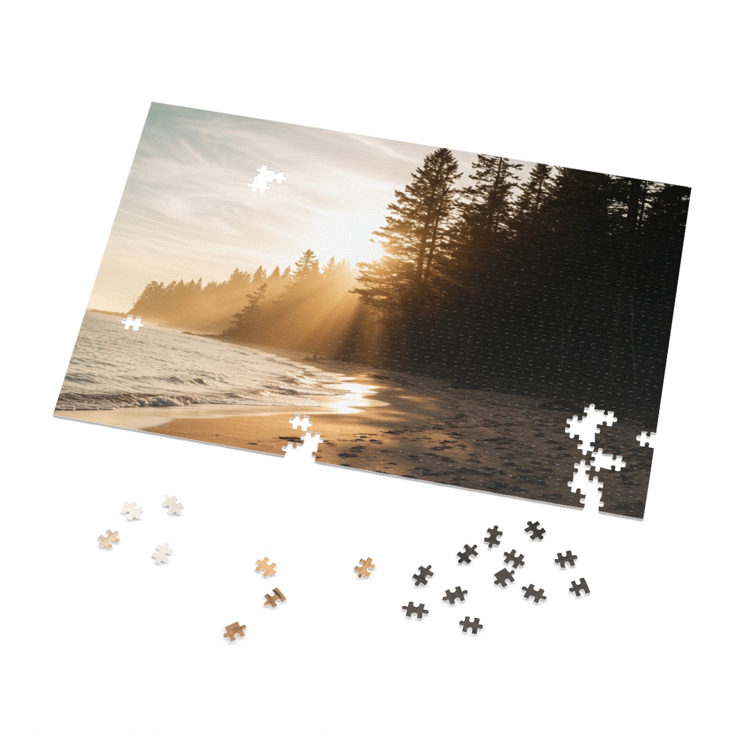 Forest Beach Sunset Jigsaw Puzzle (252–2000 pcs),  Warm Sunset, Trees & Sand Path, Forest Coastline and Sunbeams, Premium Tin Gift,  Footprints in Sand