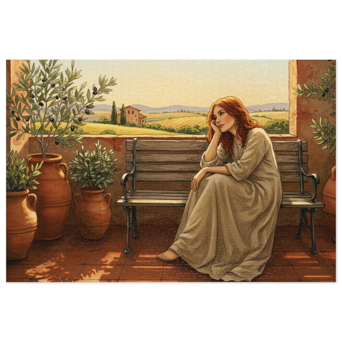 110, 252, 500, 1000, 2000 pcs Rustic Countryside Jigsaw Puzzle, Woman on Bench with Olive Trees, Mediterranean Landscape Puzzle